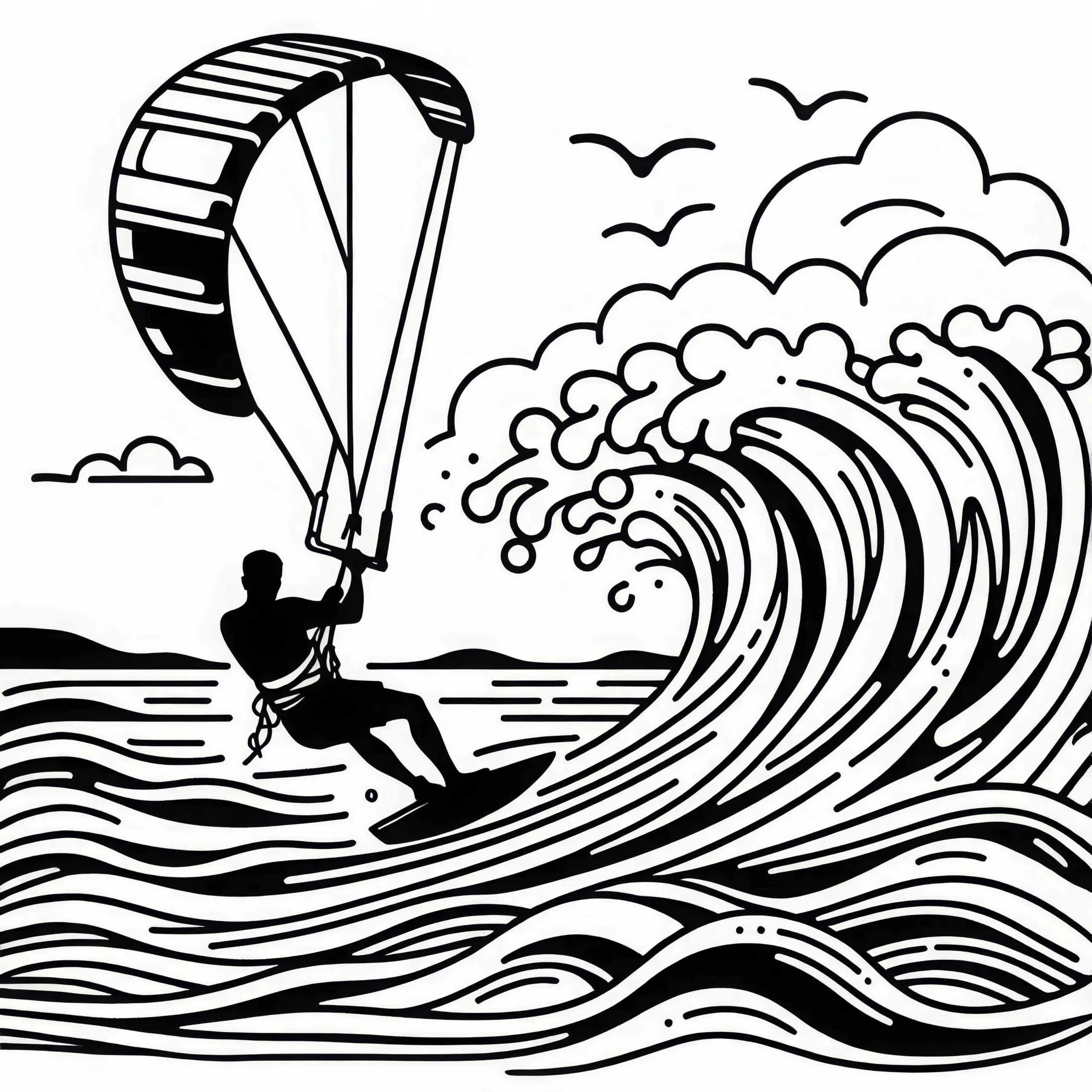 Kitesurfer reitet große Welle – Ausmalbild kostenlos