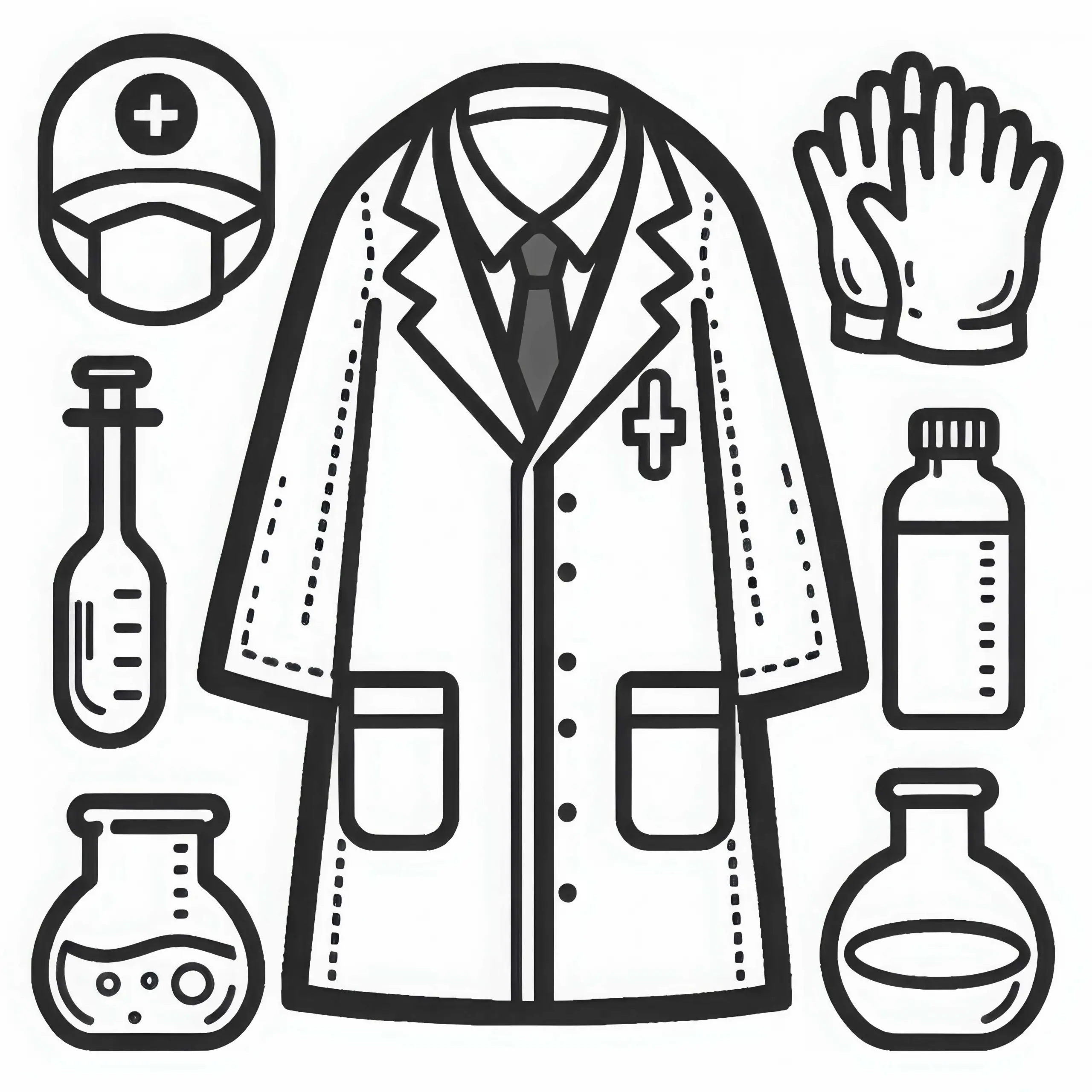 Kittel und Handschuhe eines Arztes – Ausmalbild einfach kostenlos