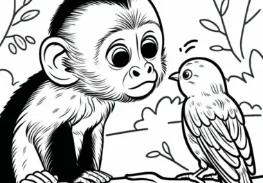 Klammeraffe beobachtet neugierig einen Vogel – Ausmalbild kostenlos