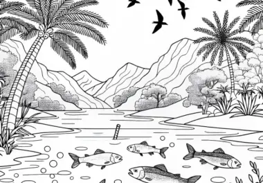 Klares Wasser mit Fischen und Vögeln in einer Oase – Ausmalbild kostenlos
