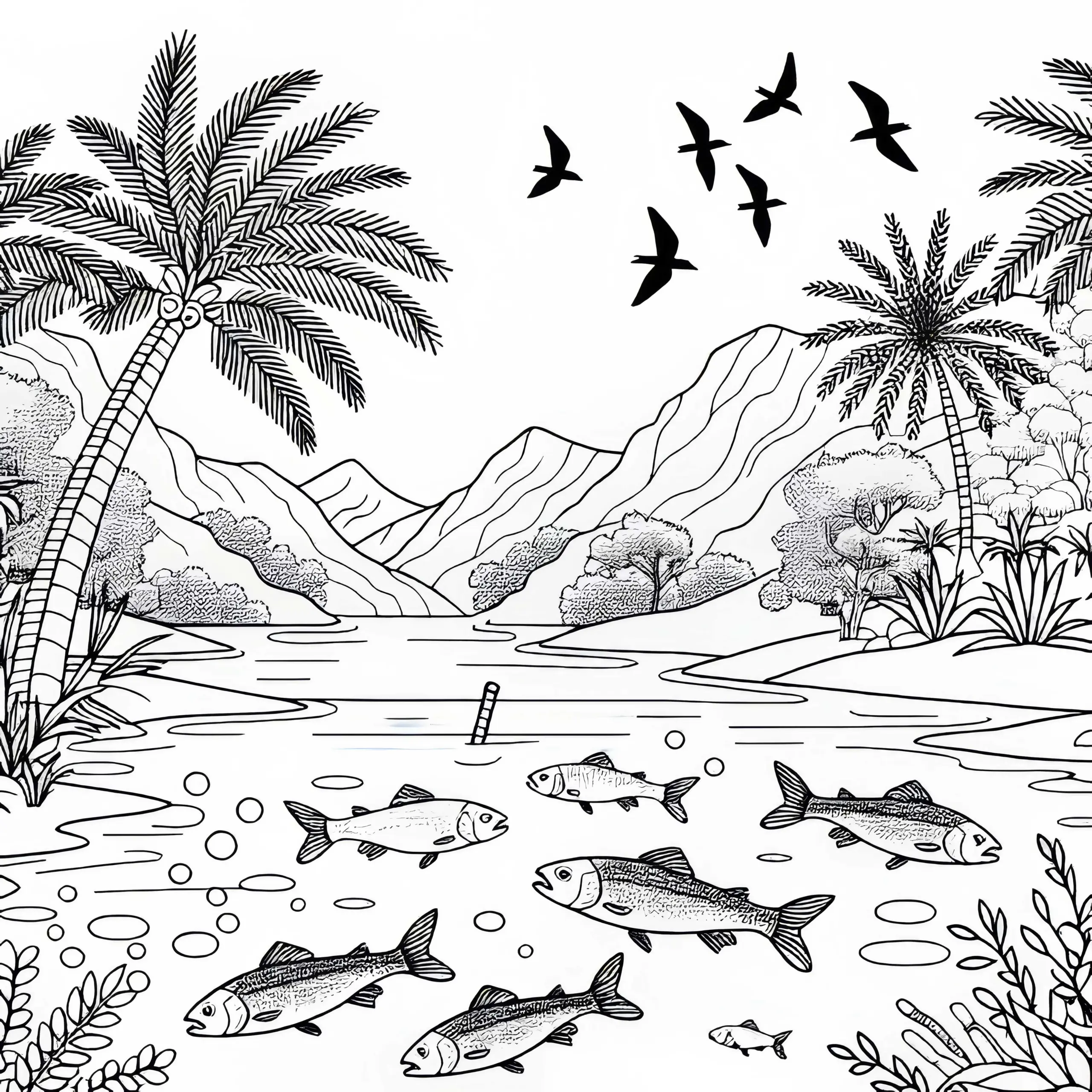 Klares Wasser mit Fischen und Vögeln in einer Oase – Ausmalbild kostenlos