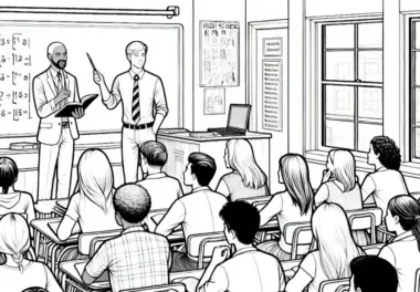 Klasse am Gymnasium mit Lehrer – Ausmalbild für Kinder