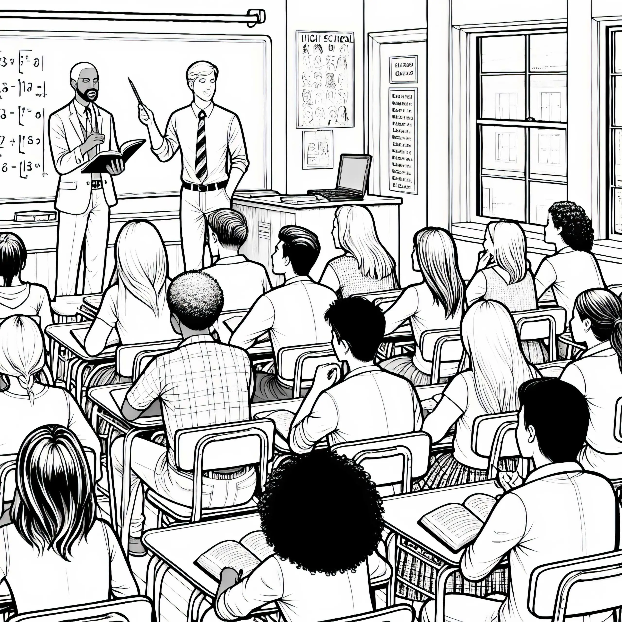 Klasse am Gymnasium mit Lehrer – Ausmalbild für Kinder