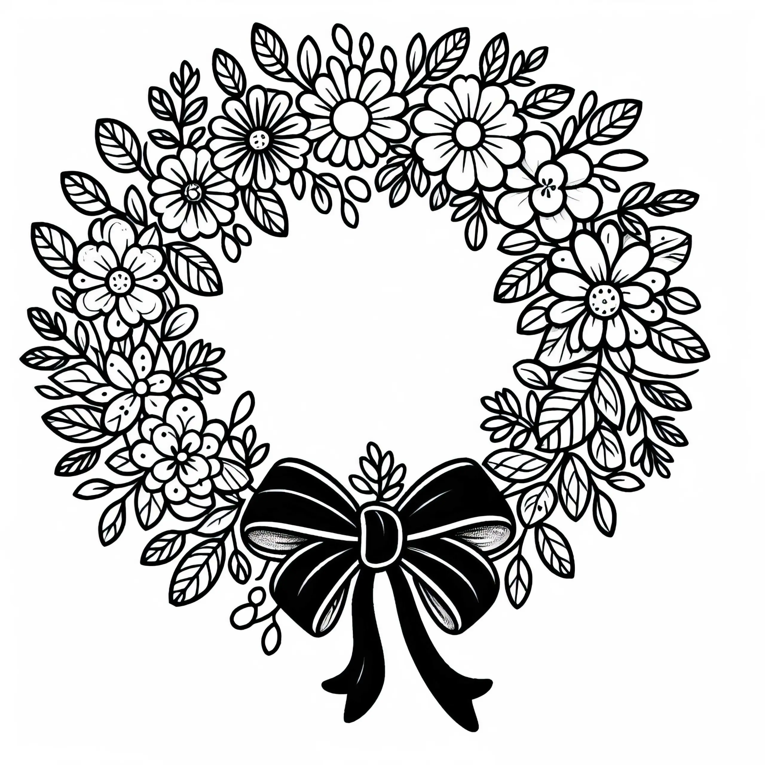 Klassischer runder Blumenkranz mit Schleife Malvorlage kostenlos (Ausmalbild)