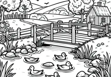 Kleine Brücke über einen Bach mit Enten – Ausmalbild kostenlos