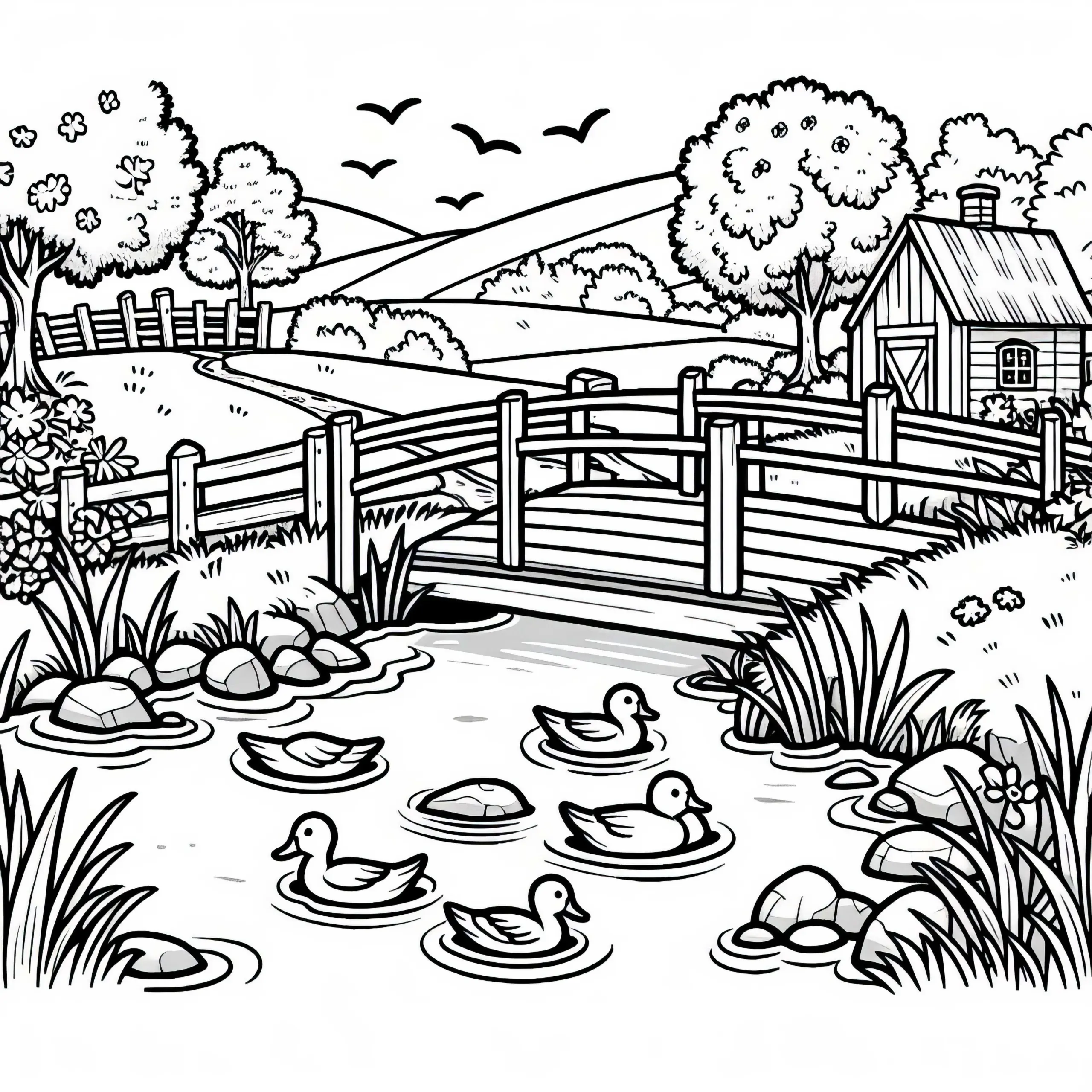 Kleine Brücke über einen Bach mit Enten – Ausmalbild kostenlos