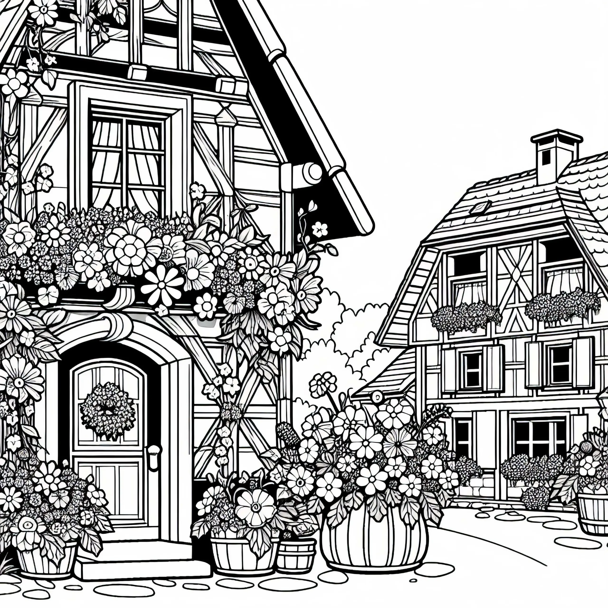 Kleine Fachwerkhäuser mit Blumen vor Fenstern in einem Dorf – Malvorlage kostenlos (Ausmalbild)