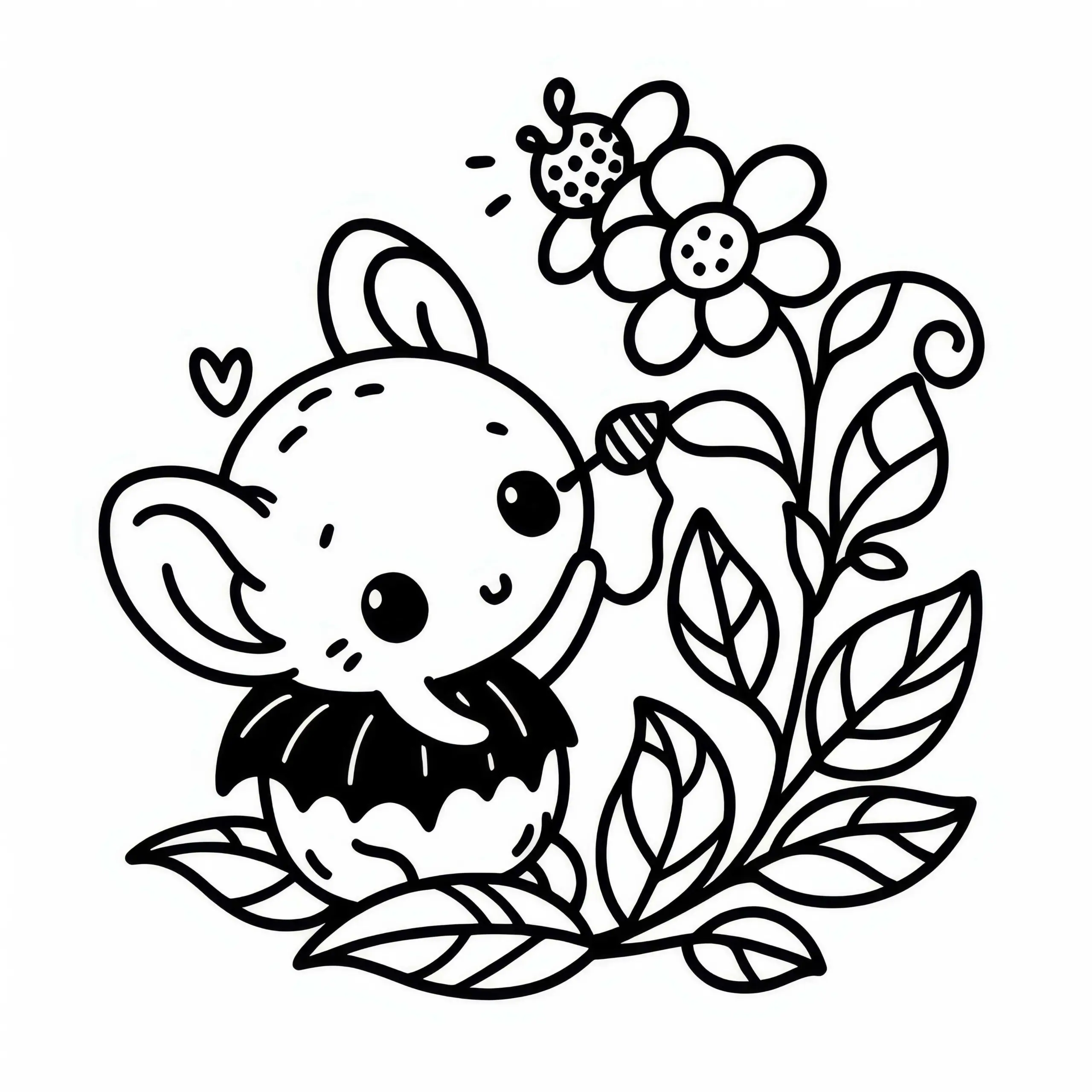 Kleine Fledermaus an der Blüte einer Blume: Einfache Malvorlage (Gratis) (Ausmalbild)