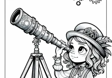 Kleine Forscherin schaut durch selbstgebautes Teleskop – Malvorlage Steampunk kostenlos