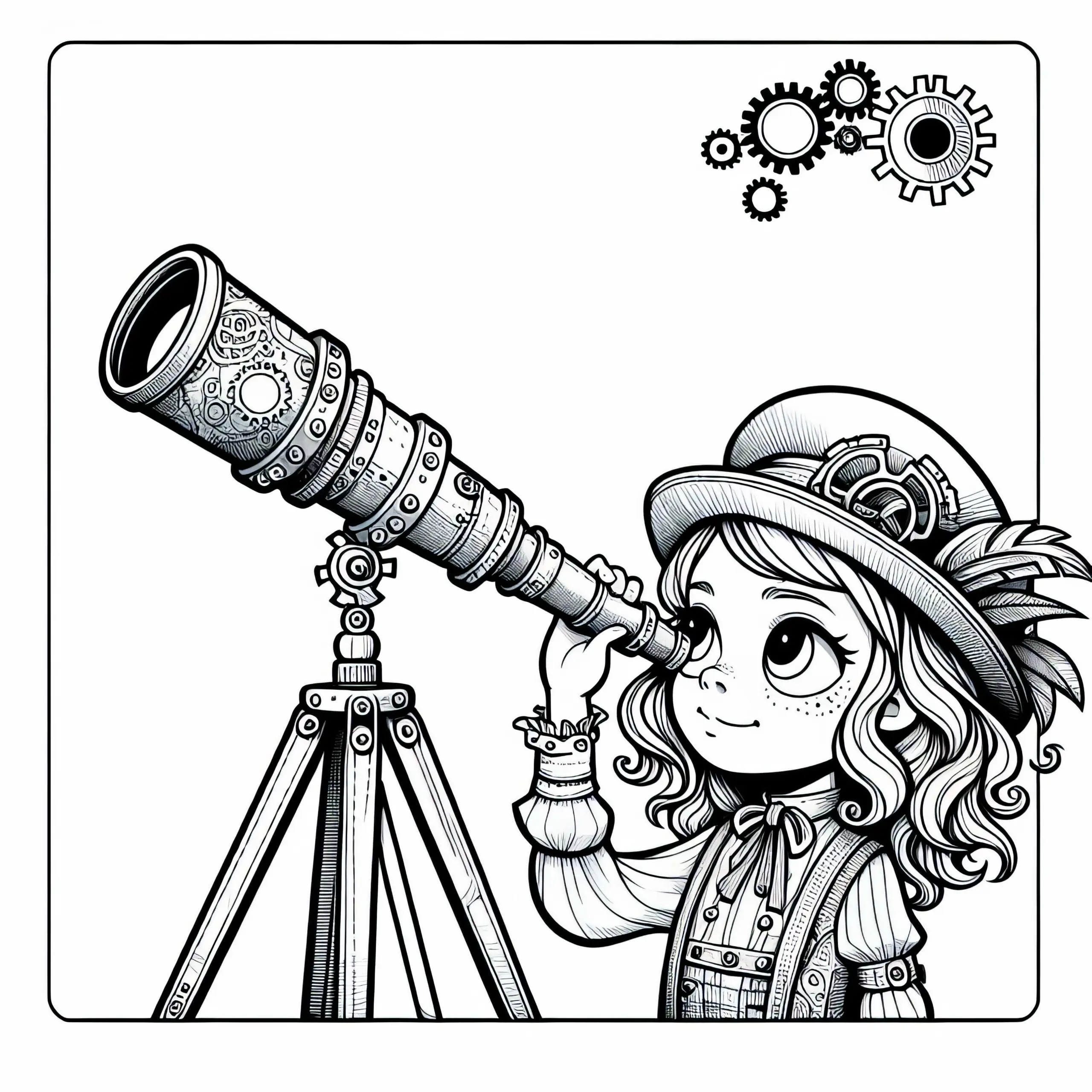 Kleine Forscherin schaut durch selbstgebautes Teleskop – Malvorlage Steampunk kostenlos (Ausmalbild)