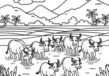 Kleine Herde Wasserbüffel Läuft Durch Eine Reisfeldlandschaft Malvorlage Einfach Kostenlos