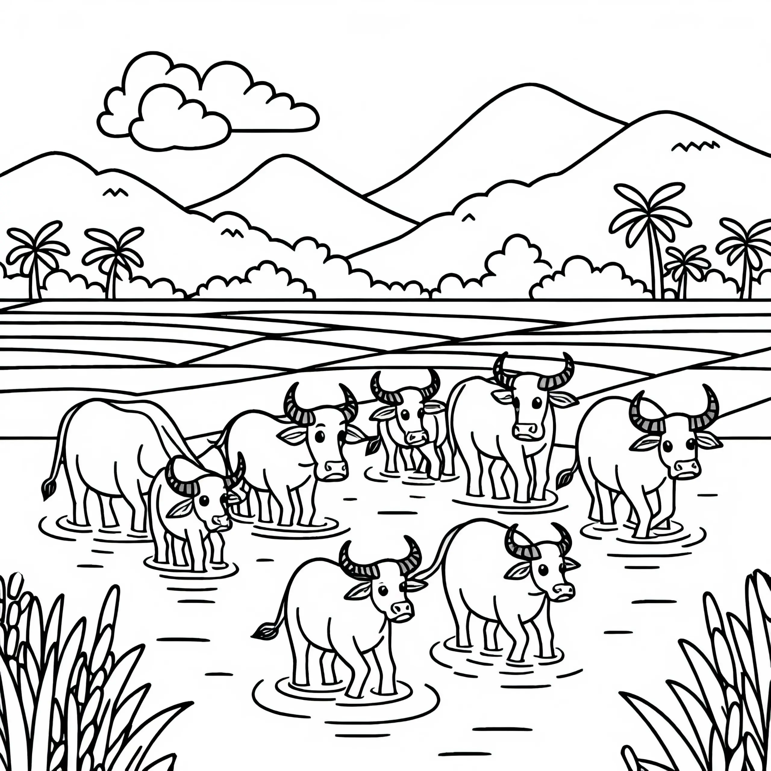 Kleine Herde Wasserbüffel Läuft Durch Eine Reisfeldlandschaft Malvorlage Einfach Kostenlos (Ausmalbild)