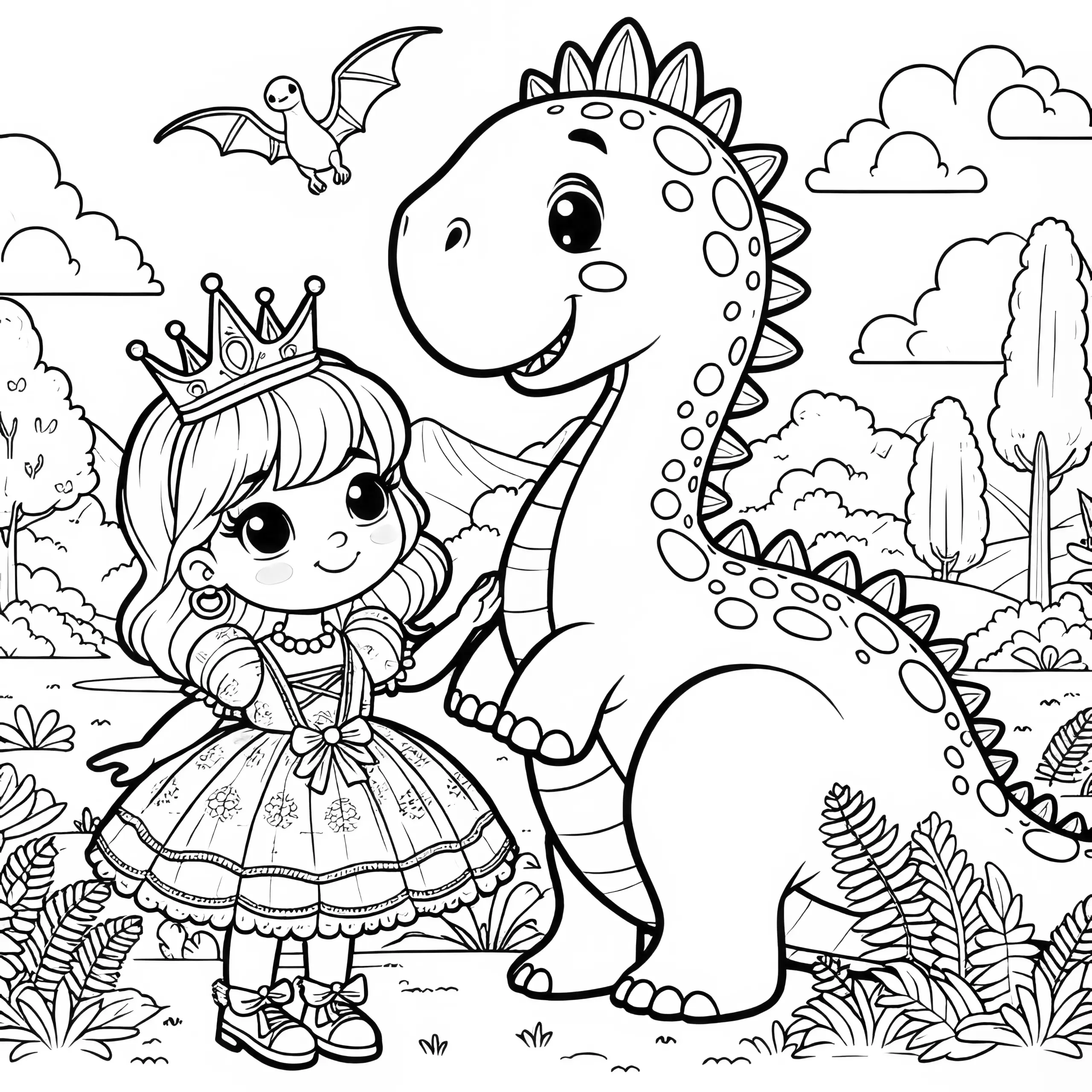 Kleine Prinzessin mit Baby-Dino: Ausmalbild zum Download (Kostenlos)