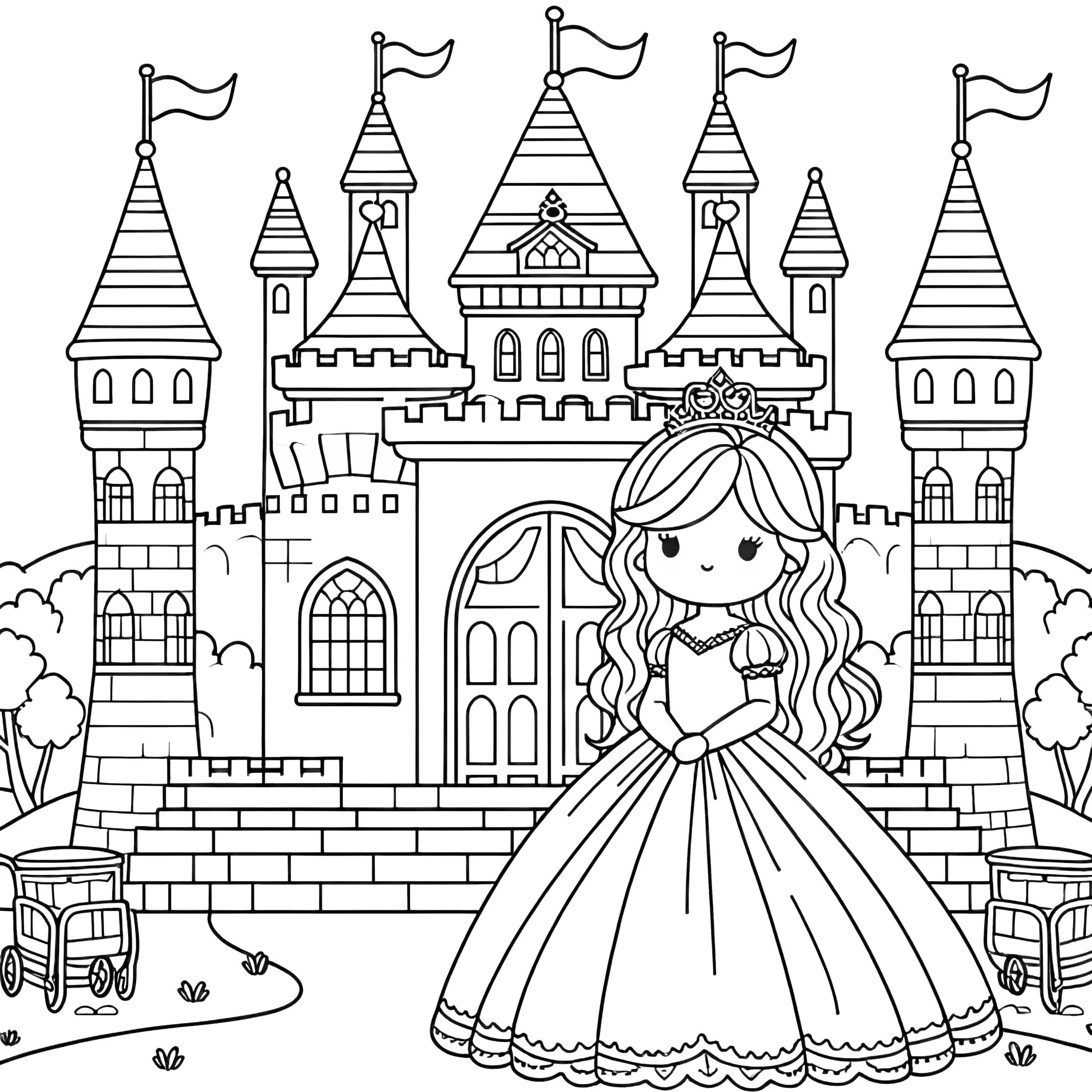 Kleine Prinzessin vor großem Schloss: Einfaches Ausmalbild