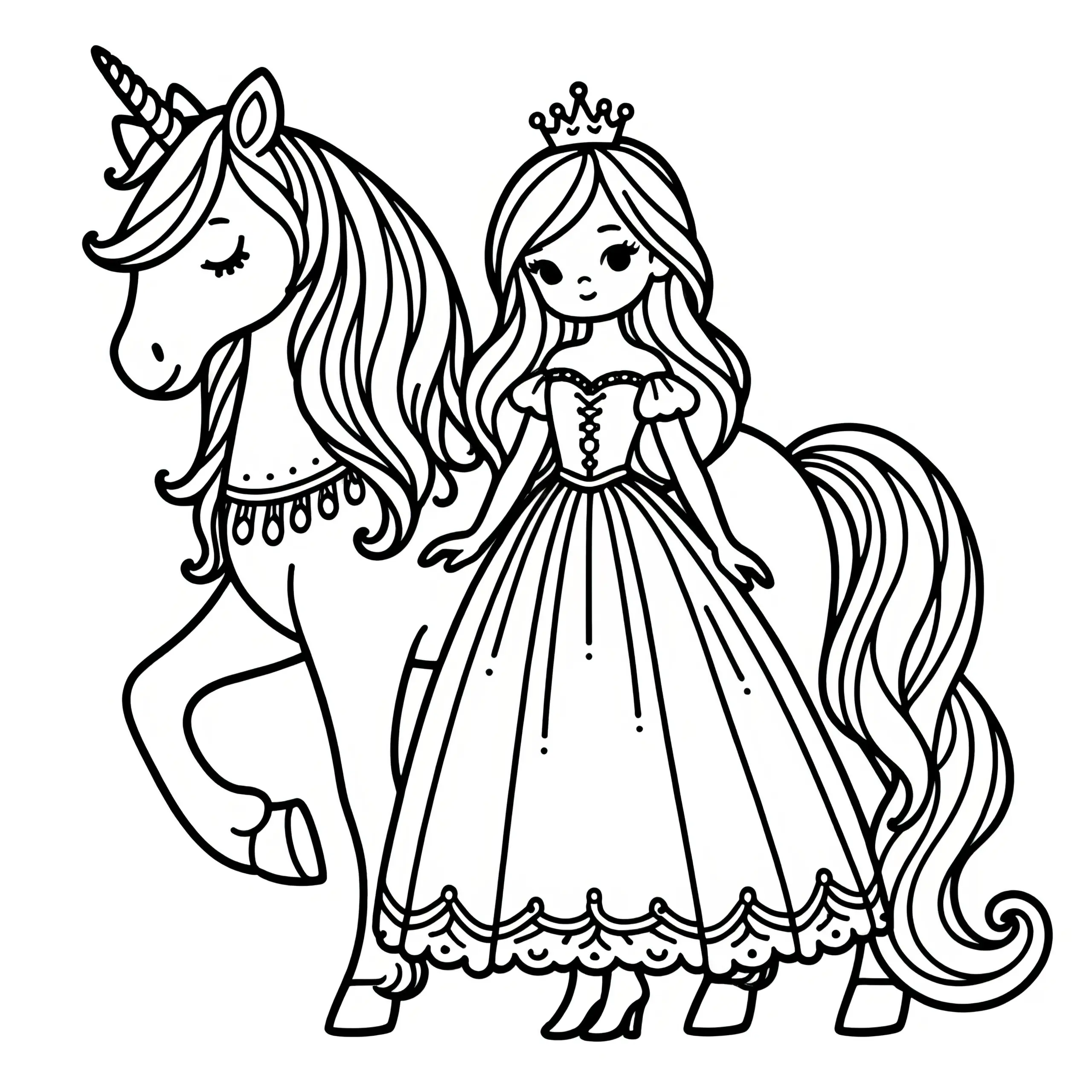 Kleine Prinzessin mit Krone vor Einhorn – ohne Hintergrund (Ausmalbild)