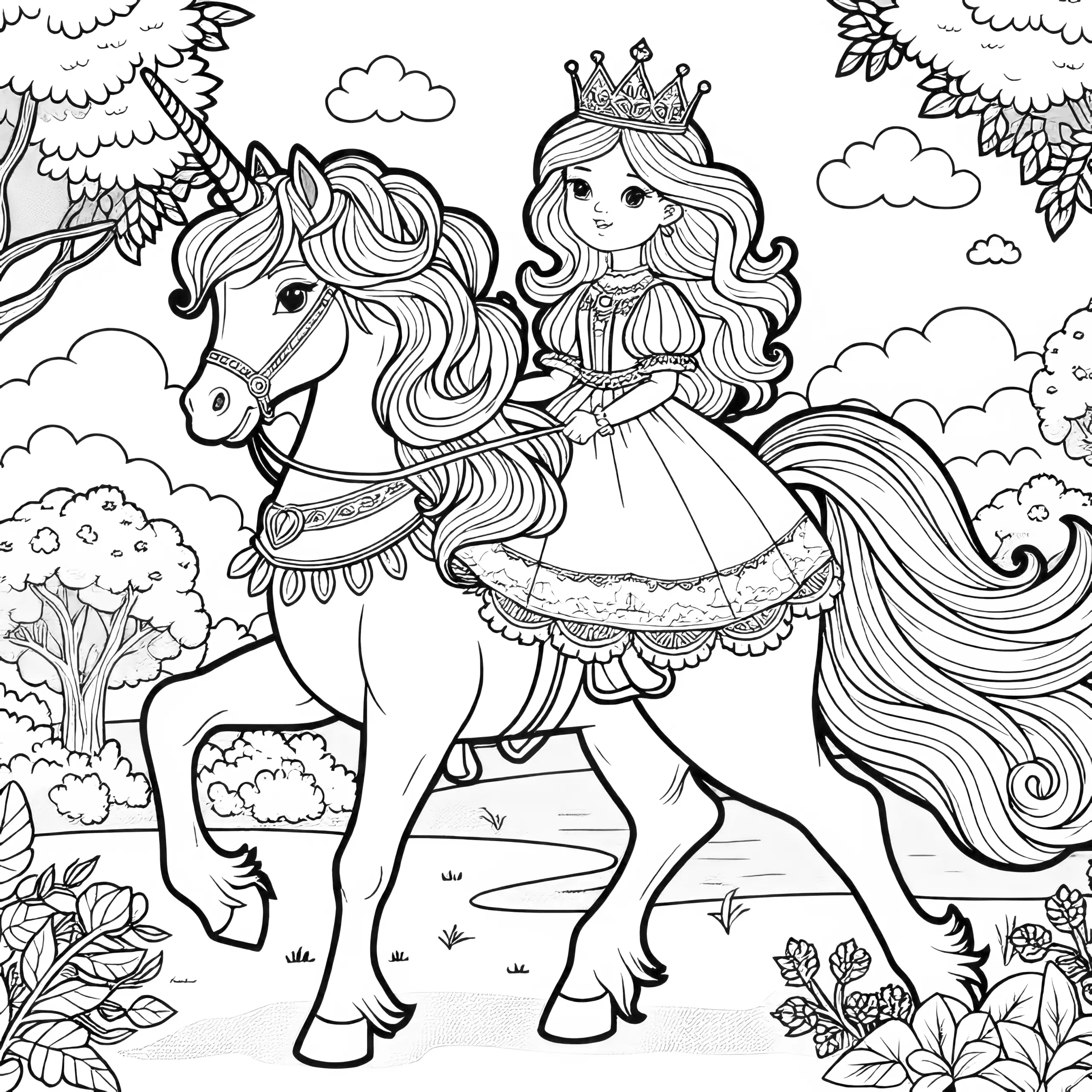 Kleine Prinzessin mit niedlichem Einhorn – Zum Download (Ausmalbild)