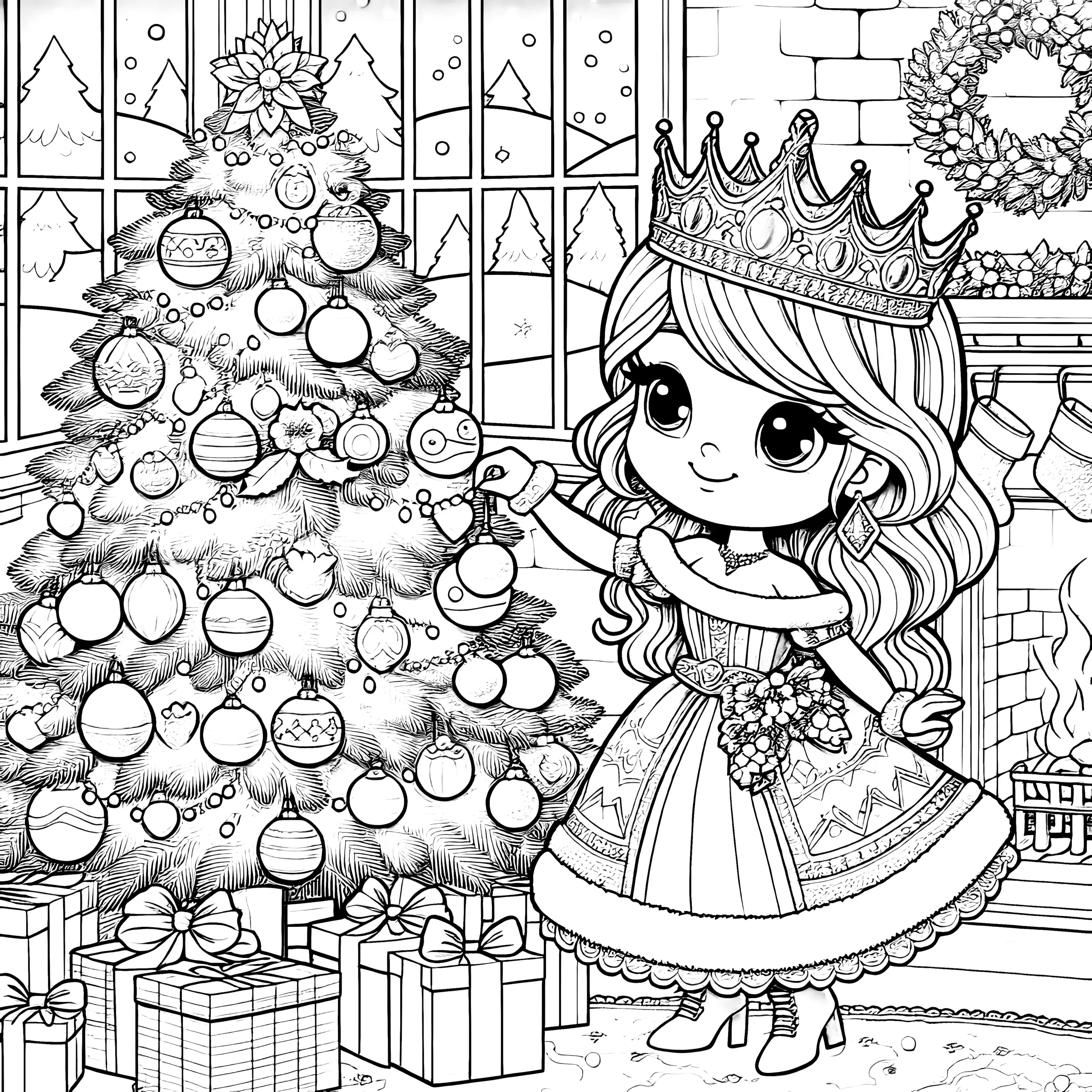 Kleine Prinzessin schmückt Weihnachtsbaum: Malvorlage zum Ausdrucken (Gratis) (Ausmalbild)