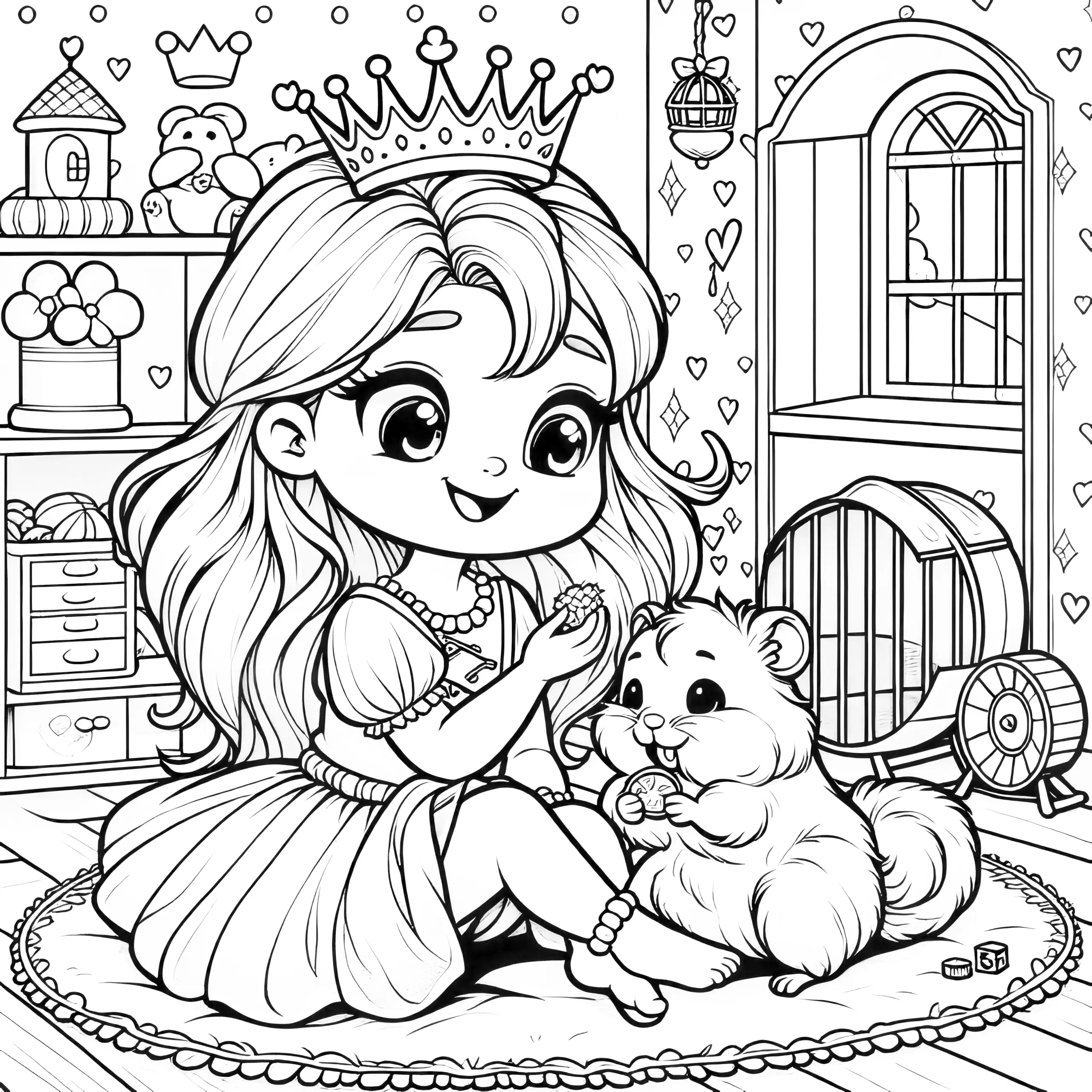 Kleine Prinzessin mit süßem Hamster im Spielzimmer: Bild zum Ausdrucken (Ausmalbild)