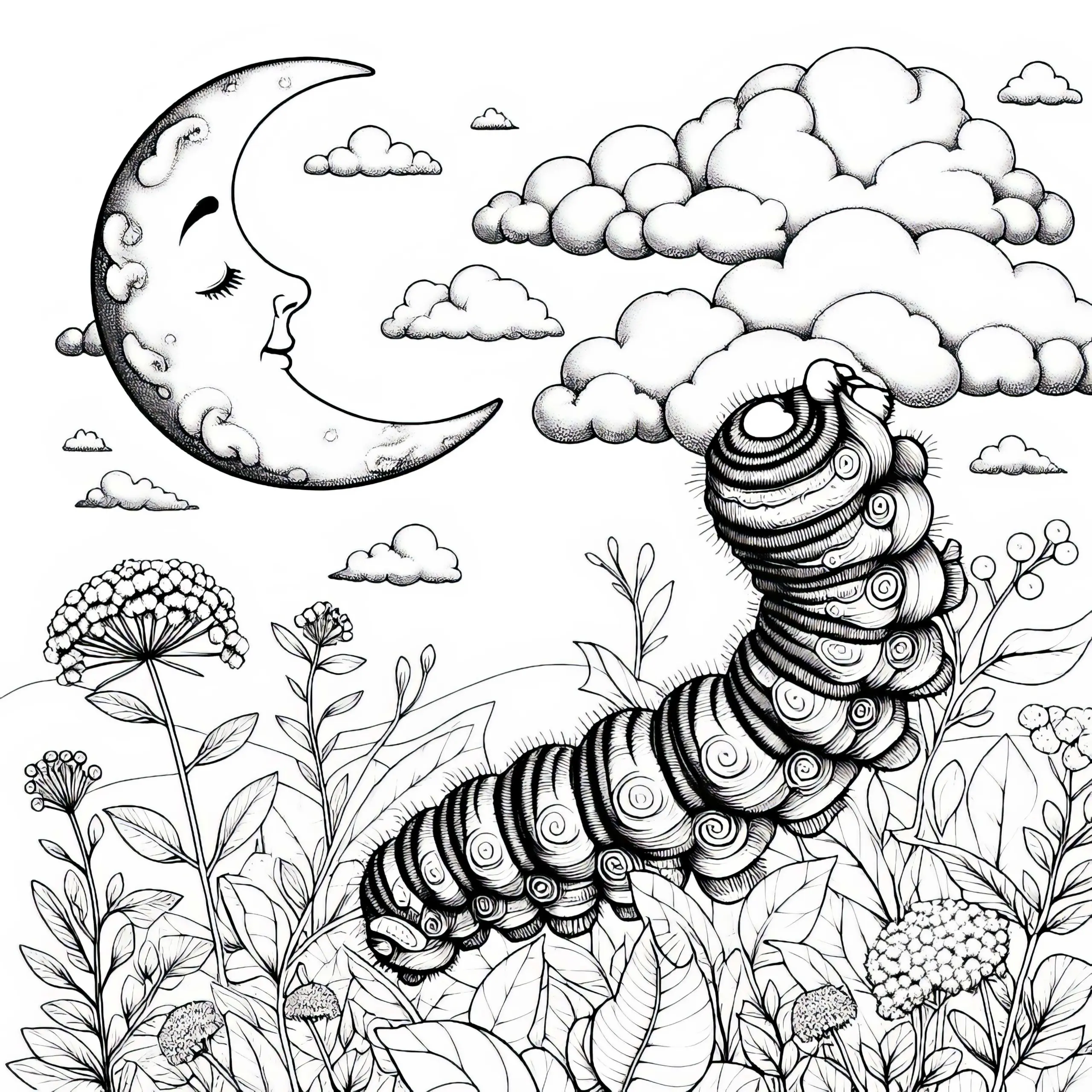 Kleine Raupe mit Mond am Himmel: Ausmalbild zum Herunterladen (Gratis)