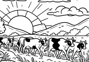 Kleine Rinderherde trottet über Feldweg bei Sonnenuntergang – Malvorlage kostenlos