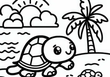 Kleine Schildkröte krabbelt über heißen Sand – Ausmalbild einfach gratis