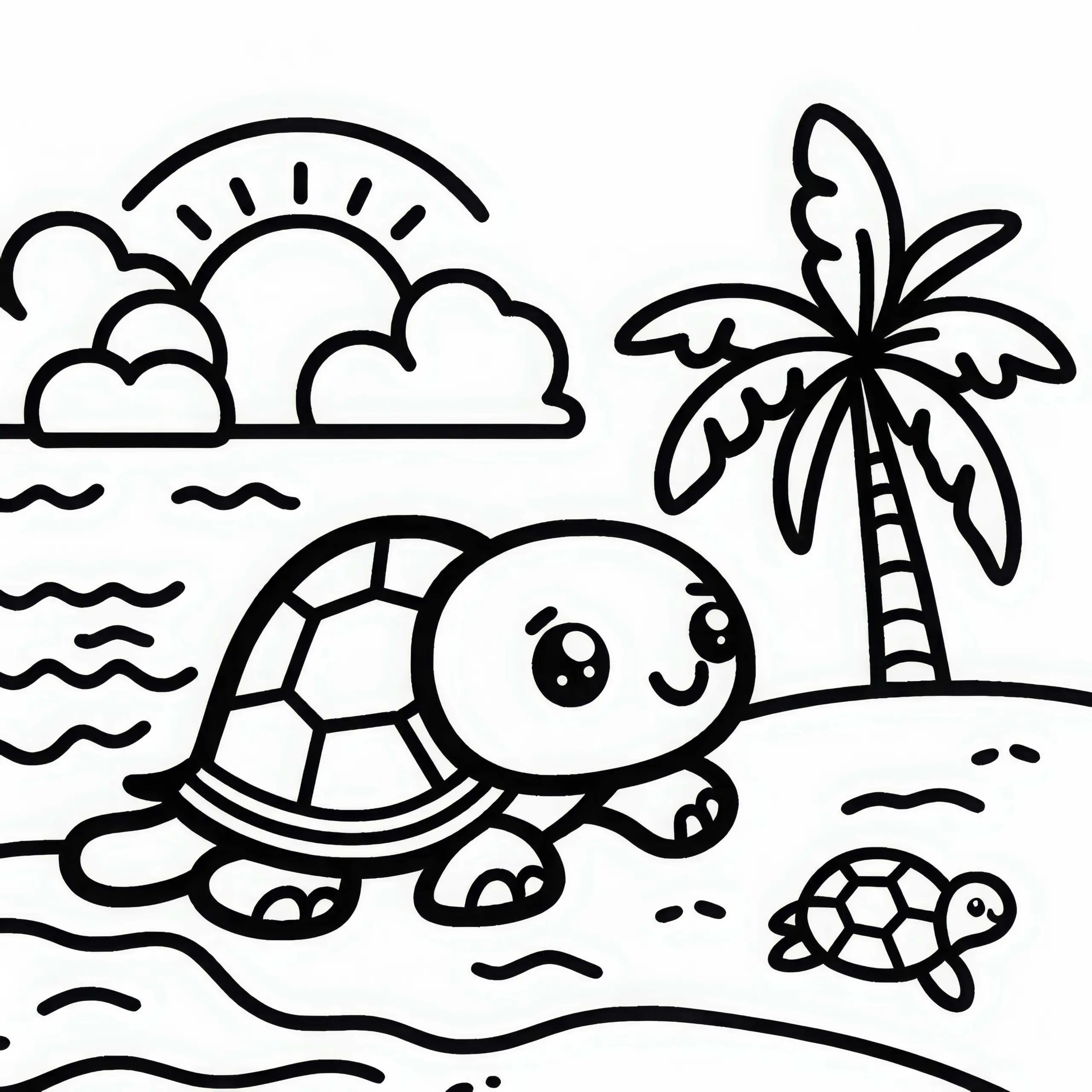 Kleine Schildkröte krabbelt über heißen Sand – Ausmalbild einfach gratis