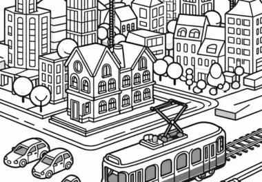 Kleine Spielzeugstraßenbahn fährt durch Miniaturstadtmodell – Ausmalbild kostenlos