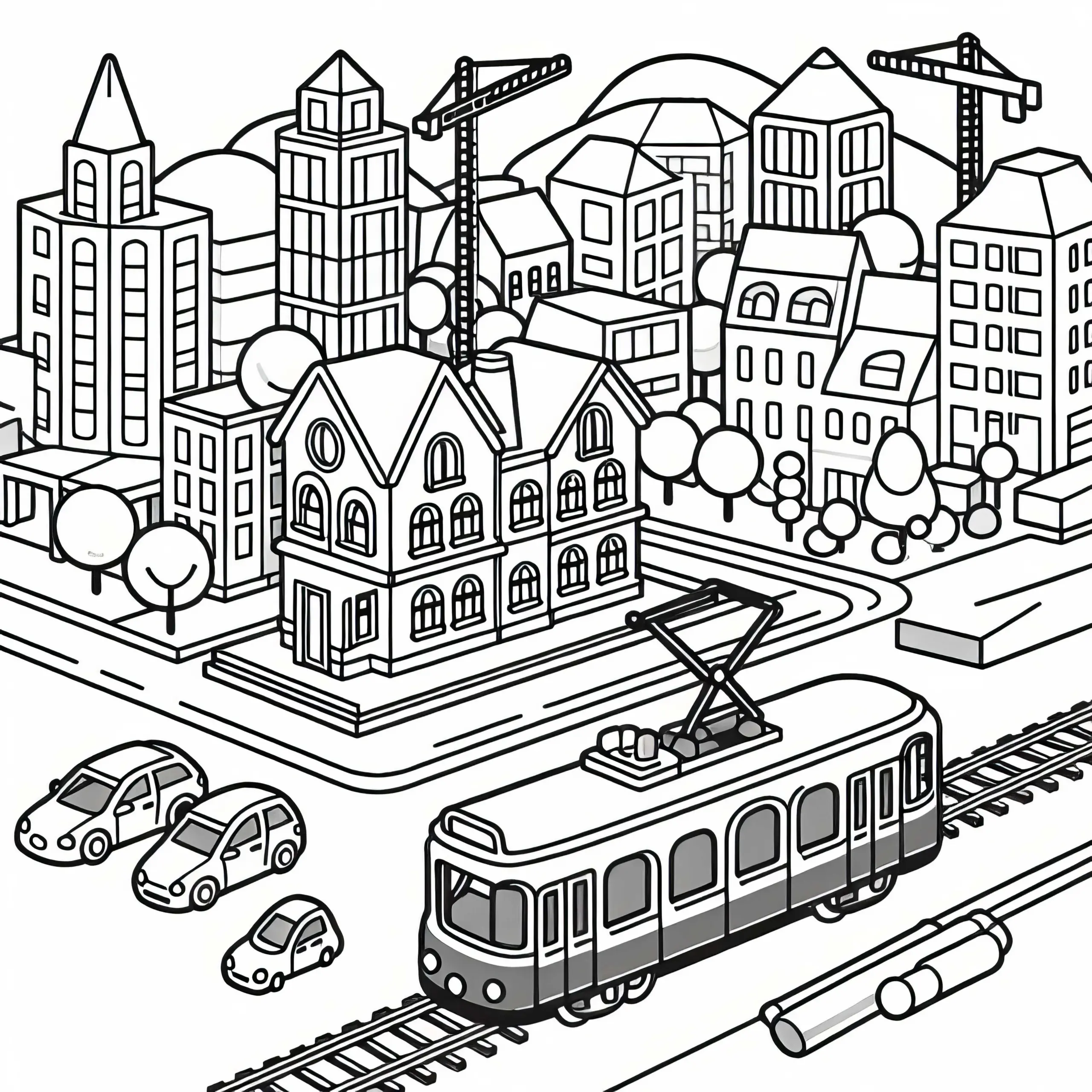 Kleine Spielzeugstraßenbahn fährt durch Miniaturstadtmodell – Ausmalbild kostenlos