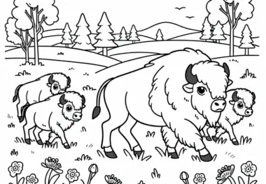 Kleine Wisentherde trottet langsam über die Wiese – Ausmalbild zum kostenlosen Download