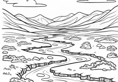 Kleiner Bach schlängelt sich durch Tundra – Ausmalbild kostenlos