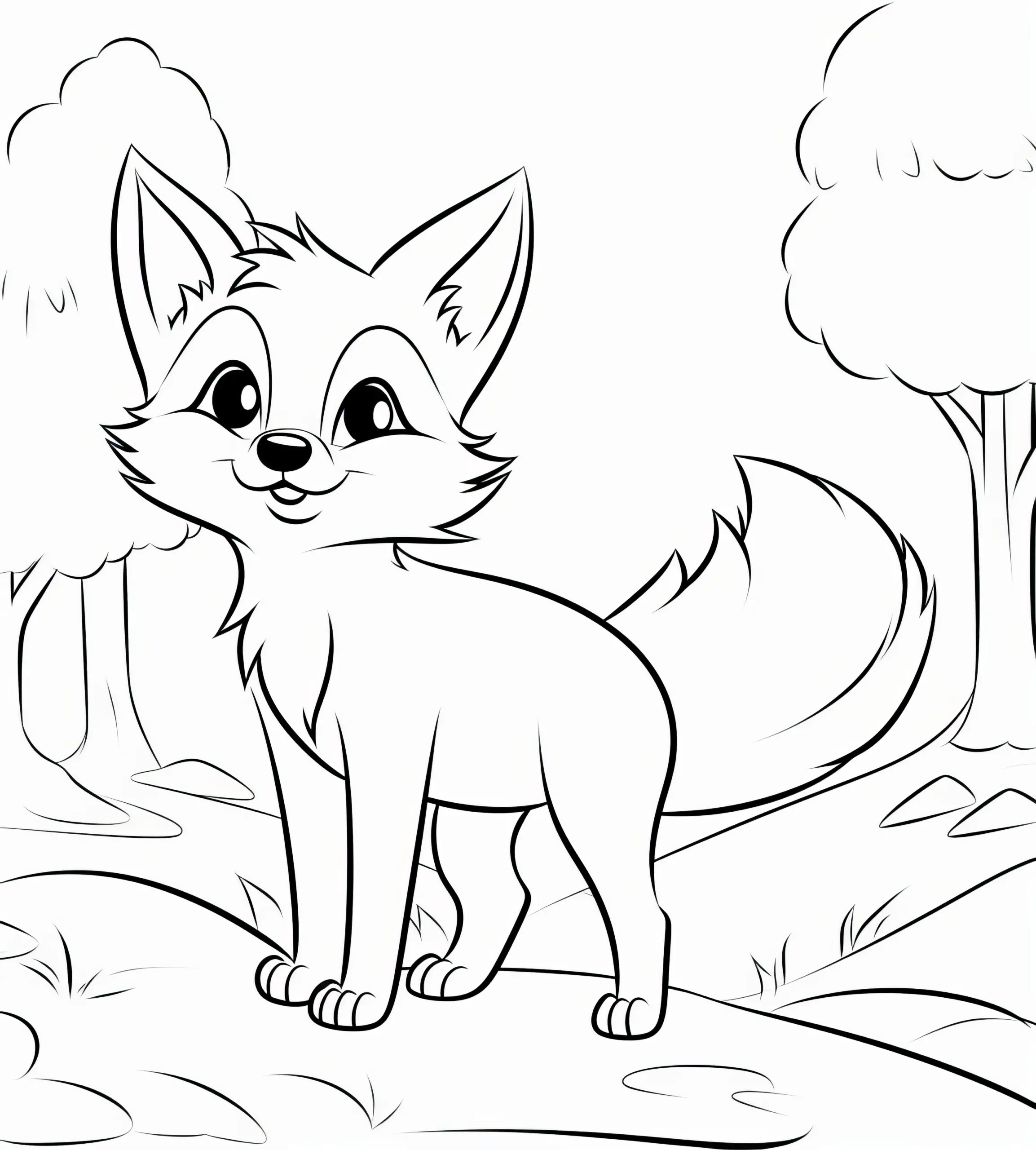 Kleiner Fuchs im Wald auf Entdeckung: Einfache Malvorlage für Kinder (Kostenlos) (Ausmalbild)