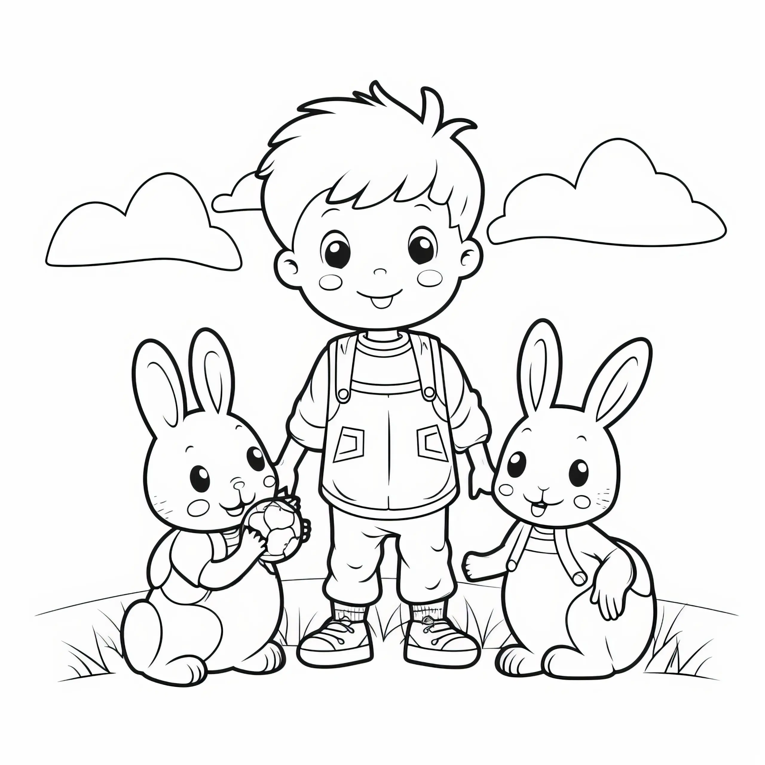 Kleiner Junge mit zwei Osterhasen: Malvorlage für Kinder zum Download (Gratis) (Ausmalbild)