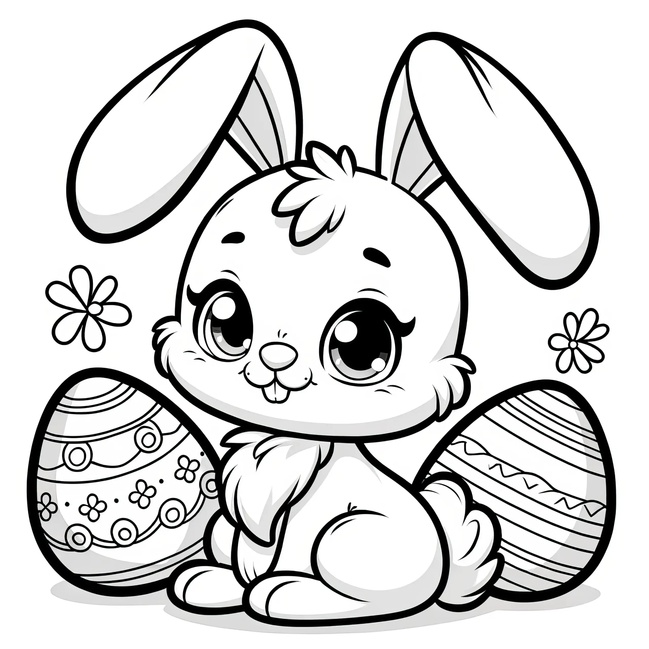 Kleiner knuffiger Osterhase mit zwei Ostereiern: Einfache Malvorlage (Kostenlos) (Ausmalbild)
