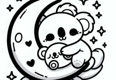 Kleiner Koala Liegt Auf Mondkissen und Umarmt Plüschtier – Ausmalbild Kawaii Kostenlos
