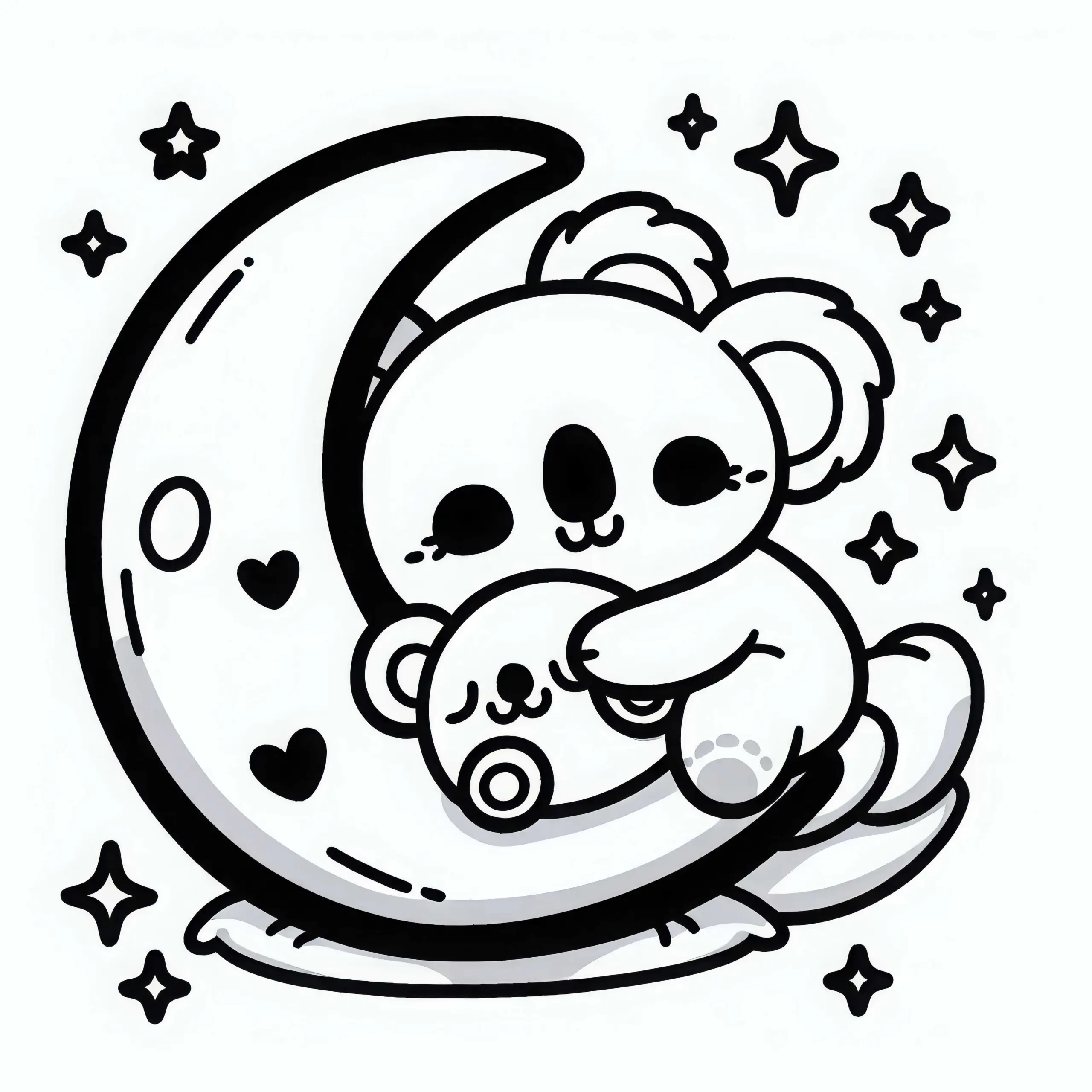 Kleiner Koala Liegt Auf Mondkissen und Umarmt Plüschtier – Ausmalbild Kawaii Kostenlos