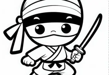 Kleiner Ninja steht mutig bereit zum Spielen – Malvorlage kostenlos