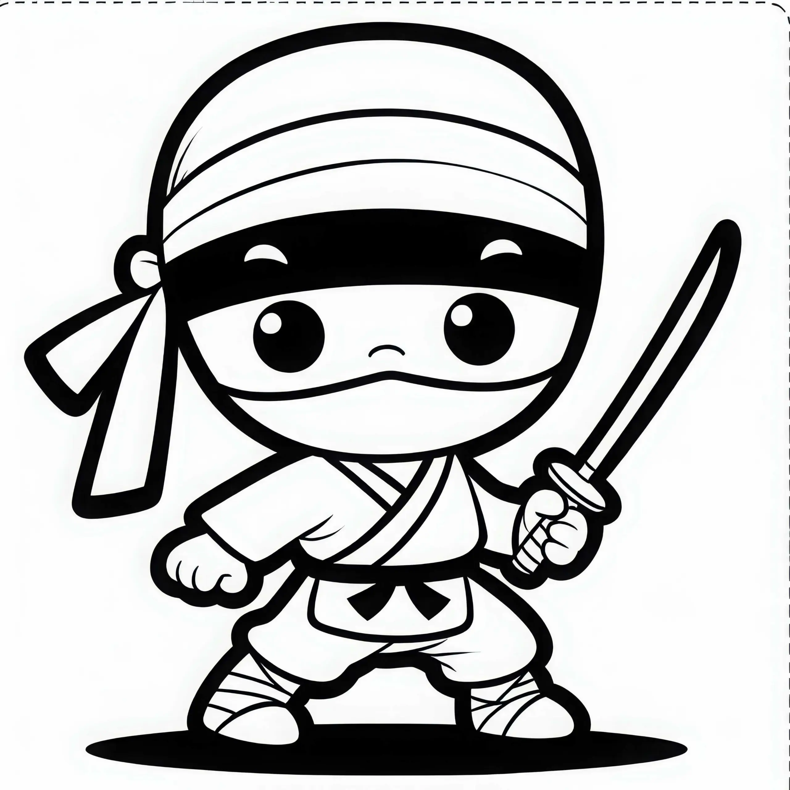 Kleiner Ninja steht mutig bereit zum Spielen – Malvorlage kostenlos (Ausmalbild)