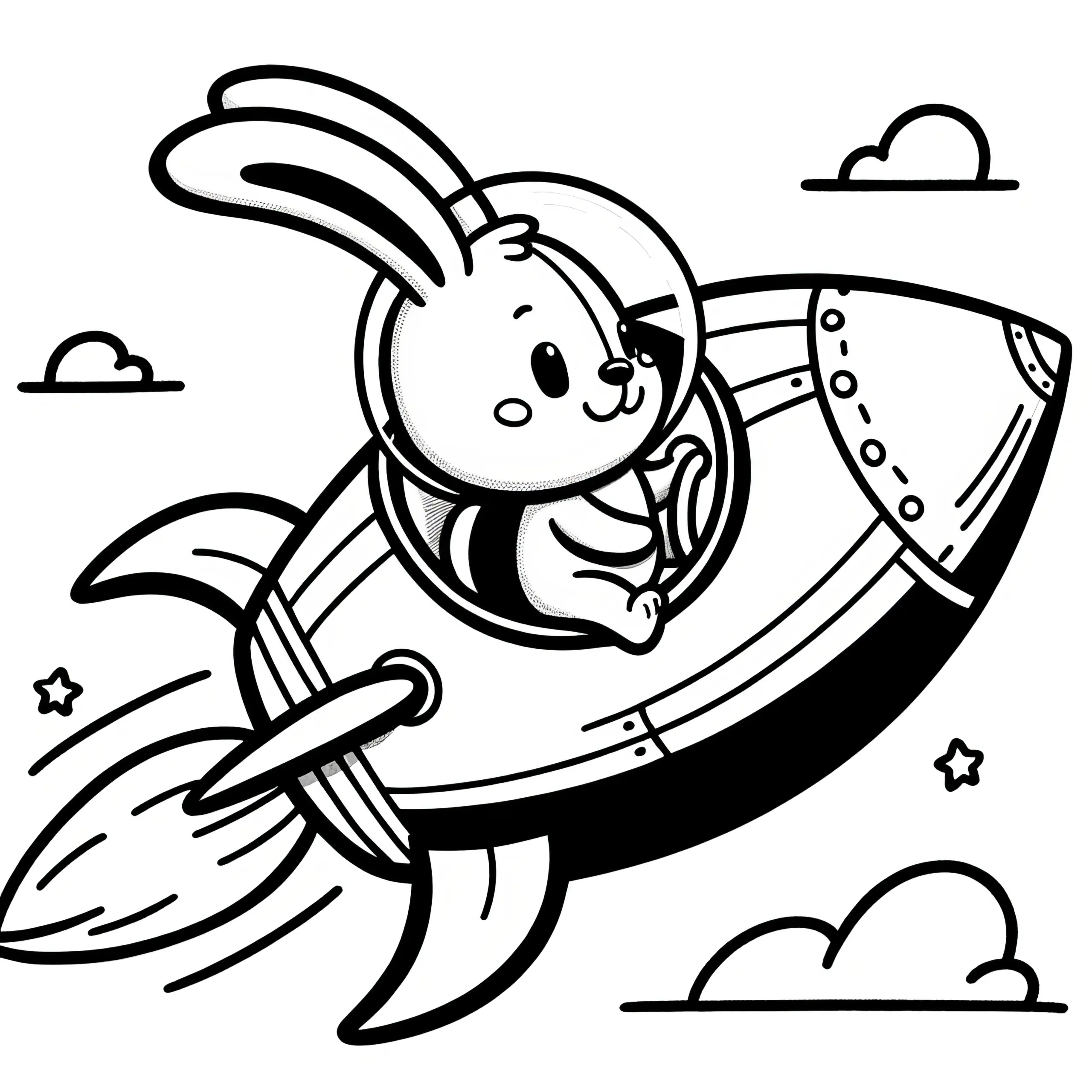 Kleiner Osterhase fliegt mit Rakete: Osterbild zum Ausmalen (Kostenlos) (Ausmalbild)