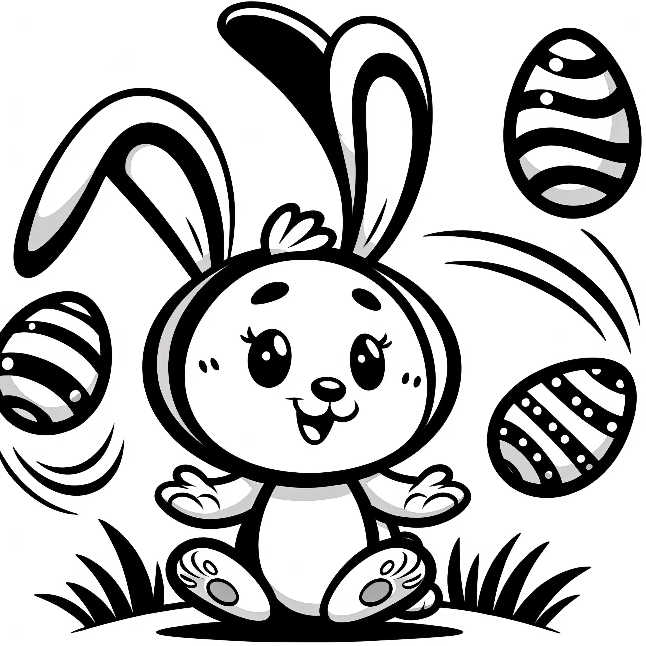 Kleiner Osterhase jongliert Ostereier: Malvorlage zum Download (Kostenlos) (Ausmalbild)