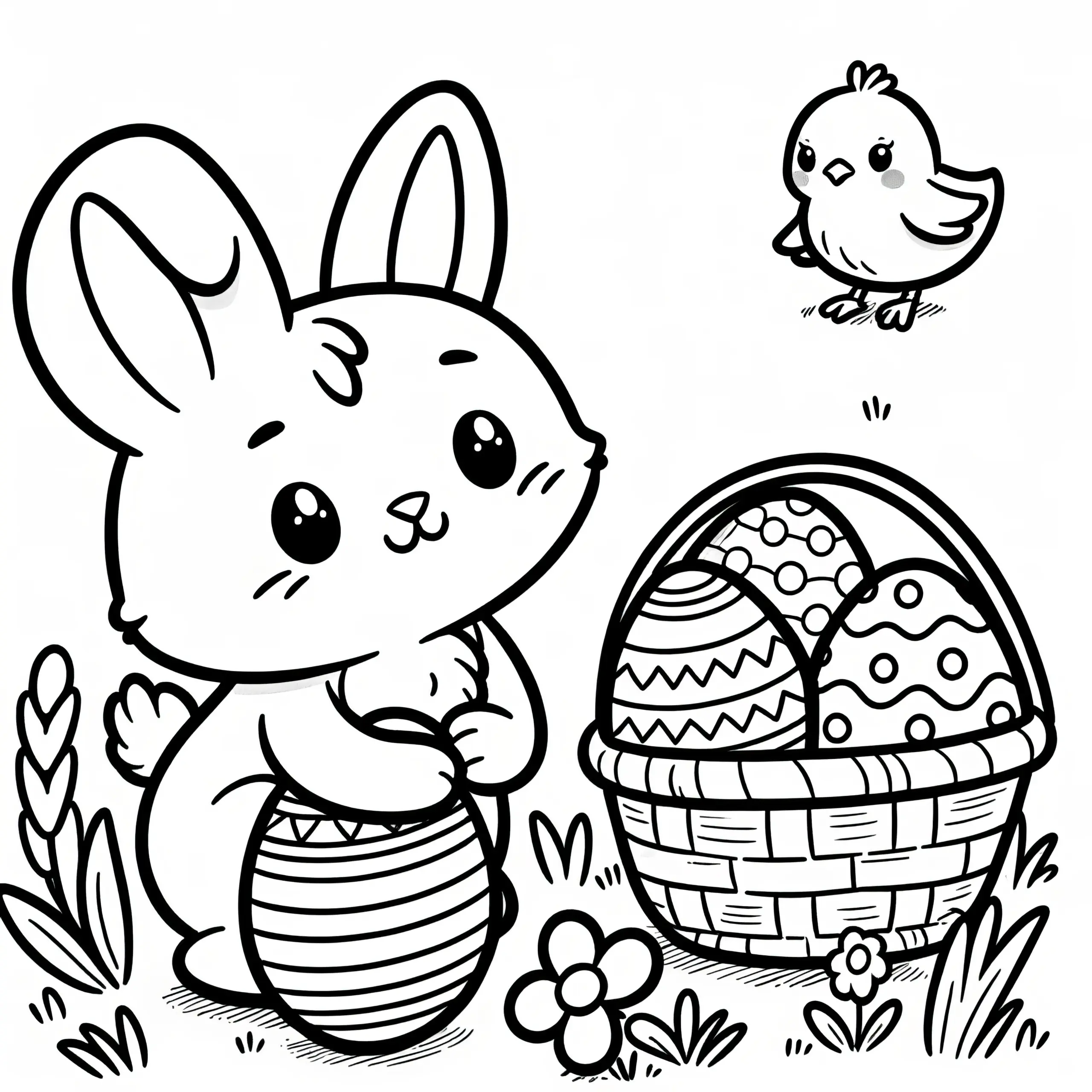 Kleiner Osterhase mit Osterkorb, Ostereier und Küken: Einfache Malvorlage für Kinder (Gratis) (Ausmalbild)
