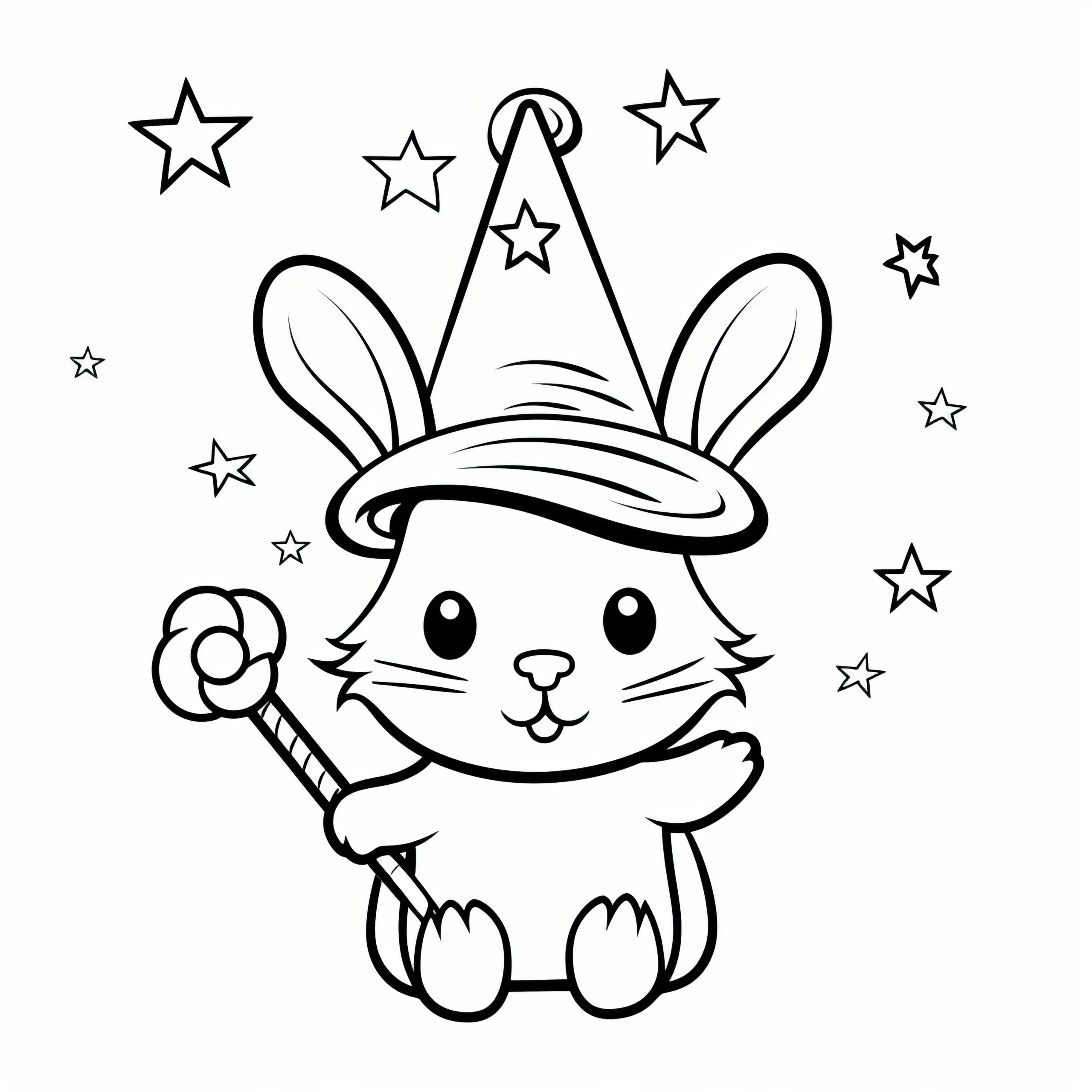 Kleiner Osterhase als Zauberer mit Sternen: Einfaches Ausmalbild zum Herunterladen (Gratis)