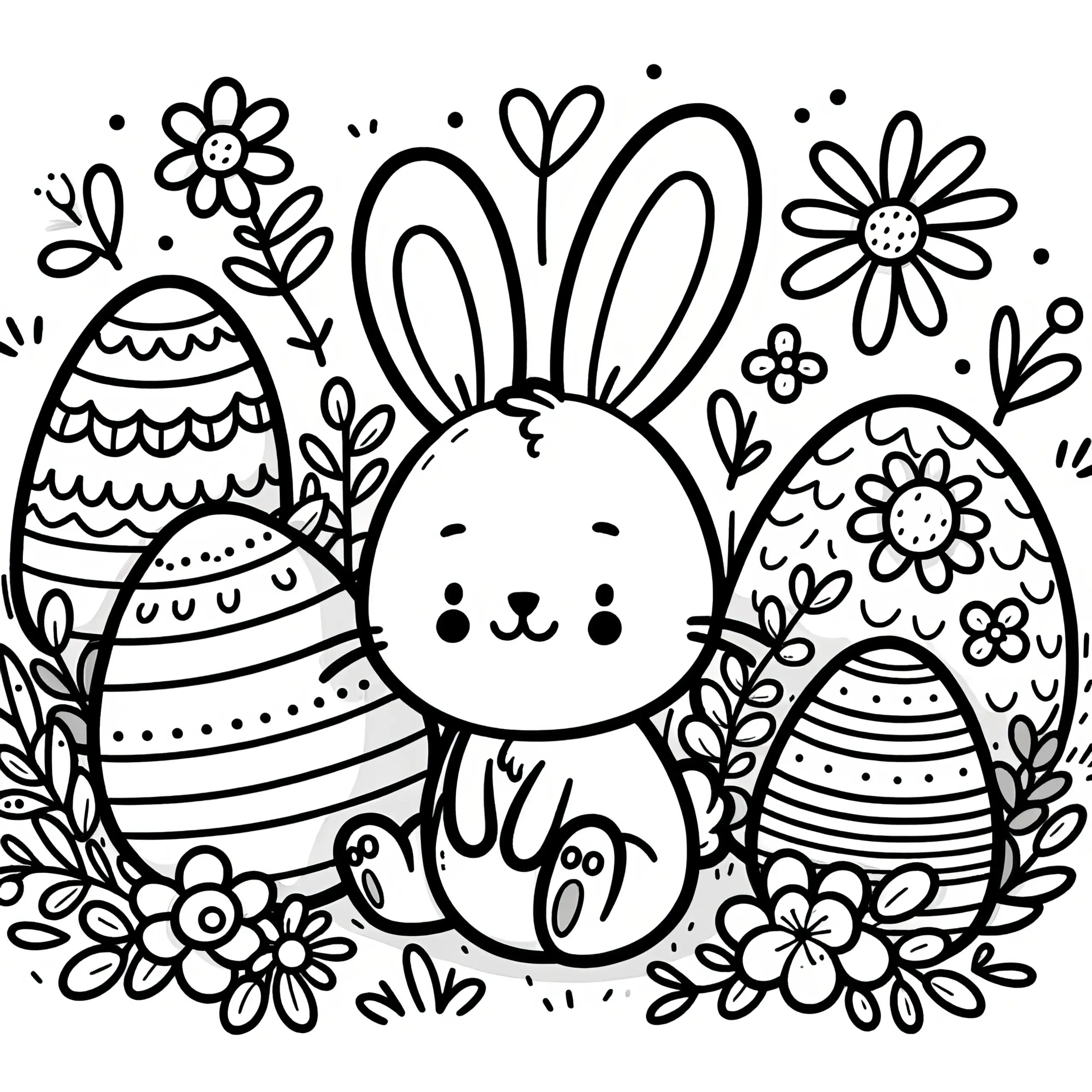 Kleiner Osterhase zwischen Ostereiern auf Blumenwiese: Niedliches Bild zum Ausmalen (Gratis) (Ausmalbild)