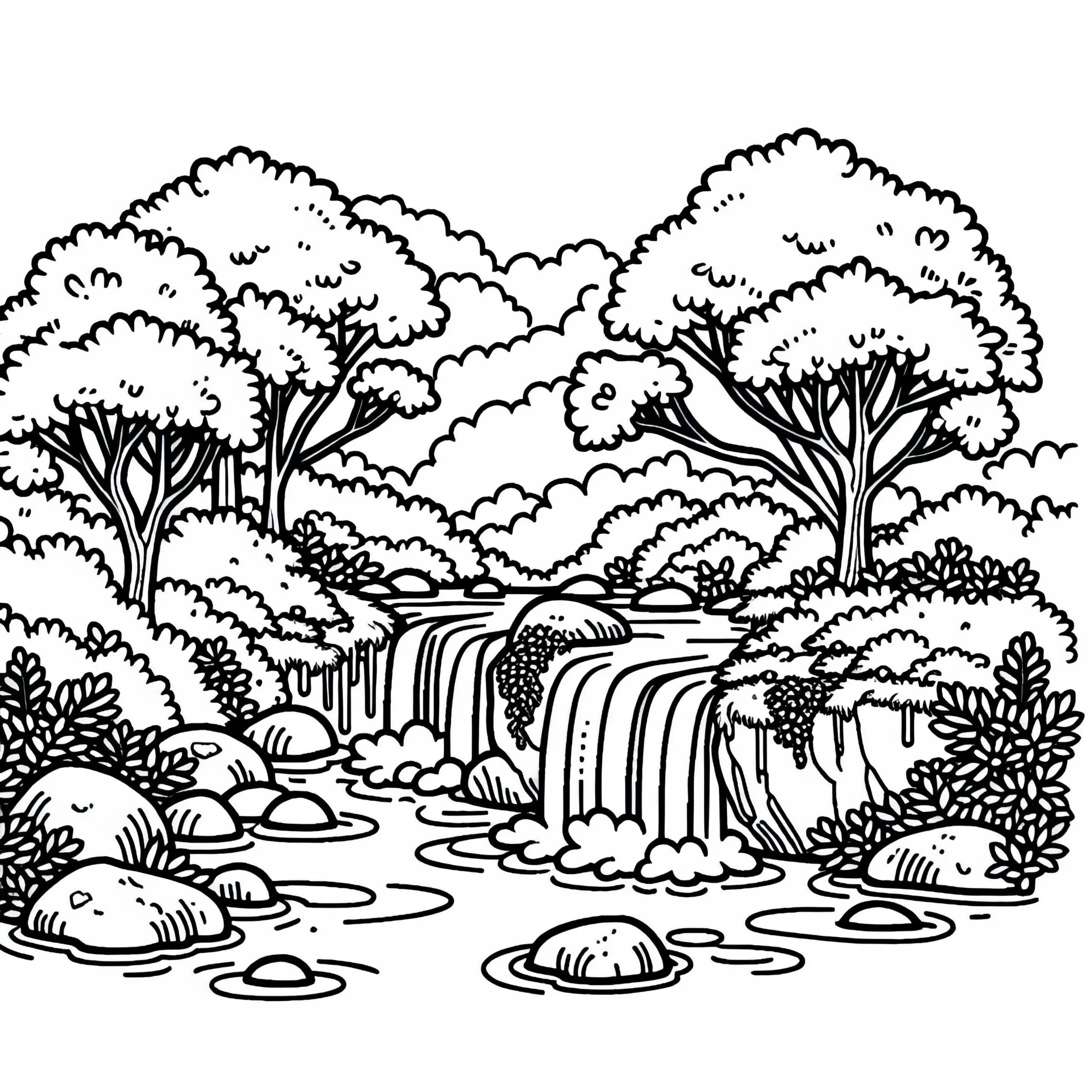 Kleiner Wasserfall im Wald – Malvorlage gratis (Ausmalbild)