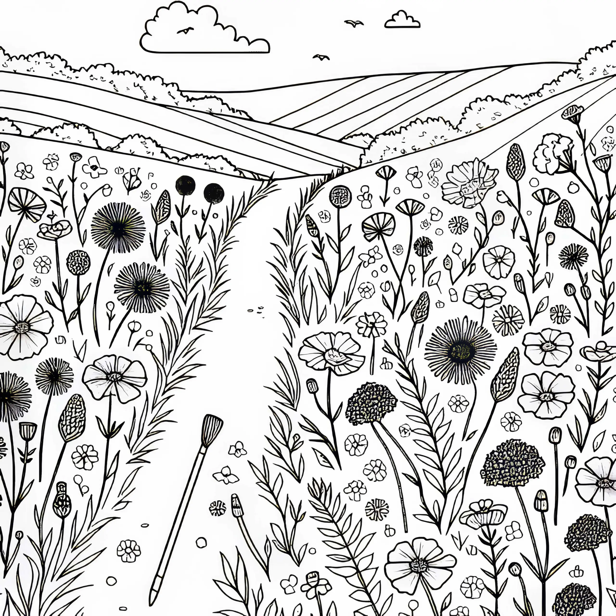 Kleiner Weg Durch ein Feld voller Wildblumen – Malvorlage Gratis (Ausmalbild)