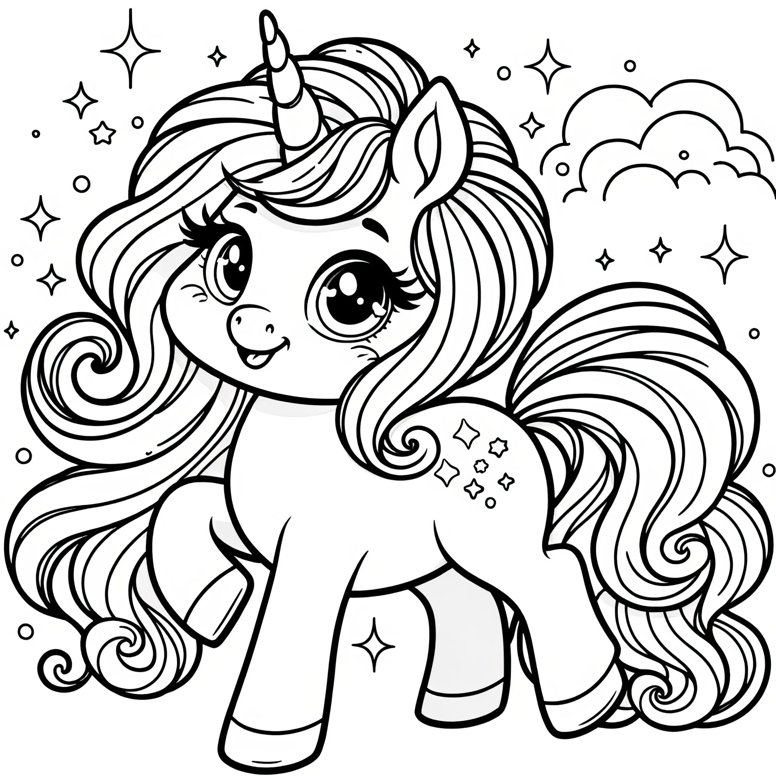 Kleines Einhorn-Kind mit Sternen als Ausmalbild (Kostenlos)