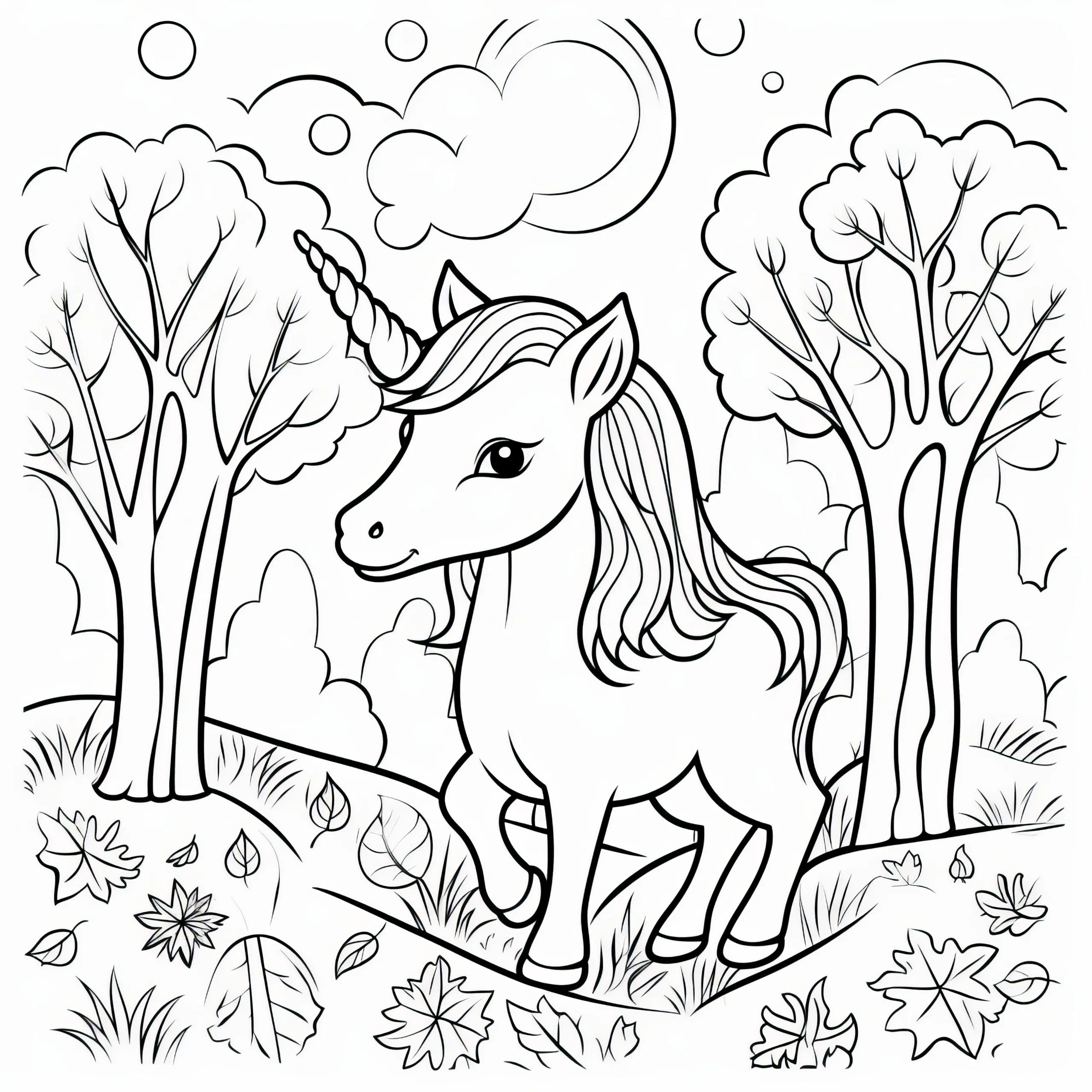 Kleines Einhorn-Pony im bunten Herbstwald: Ausmalbild zum Download (Gratis)