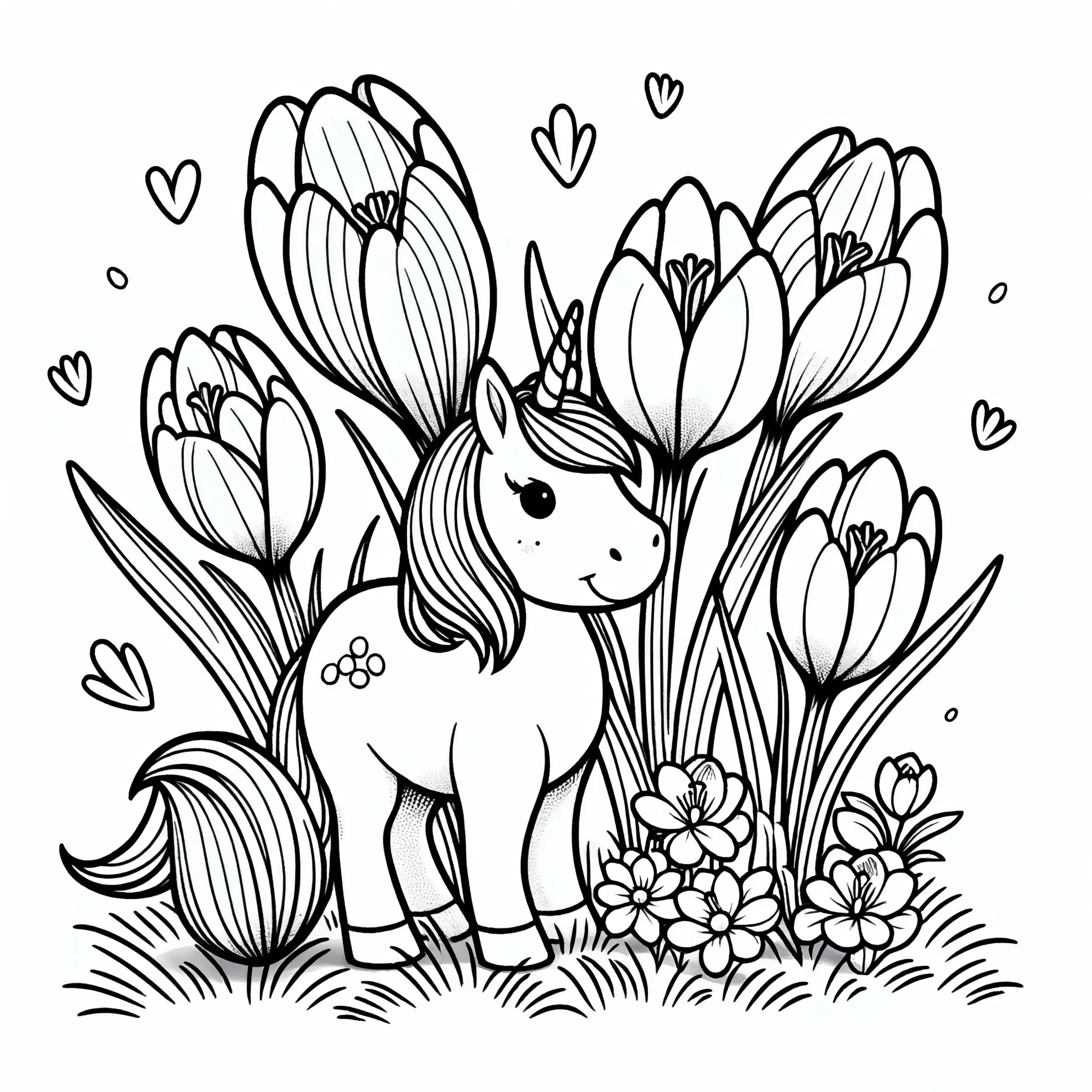 Kleines Einhorn zwischen Krokussen als Ausmalbild (Kostenlos)