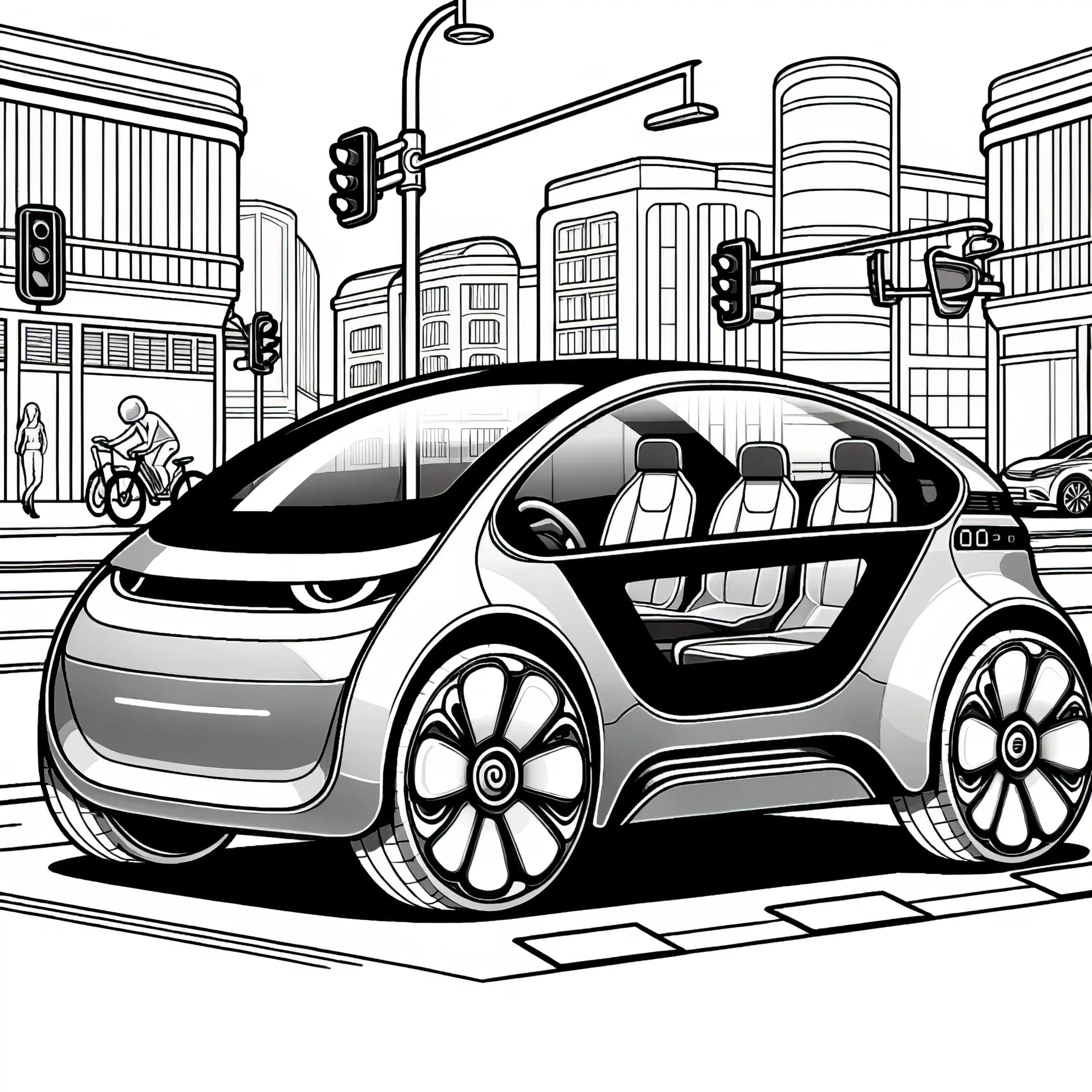 Kleines futuristisches Auto in Stadt: Malvorlage kostenlos herunterladen (Ausmalbild)