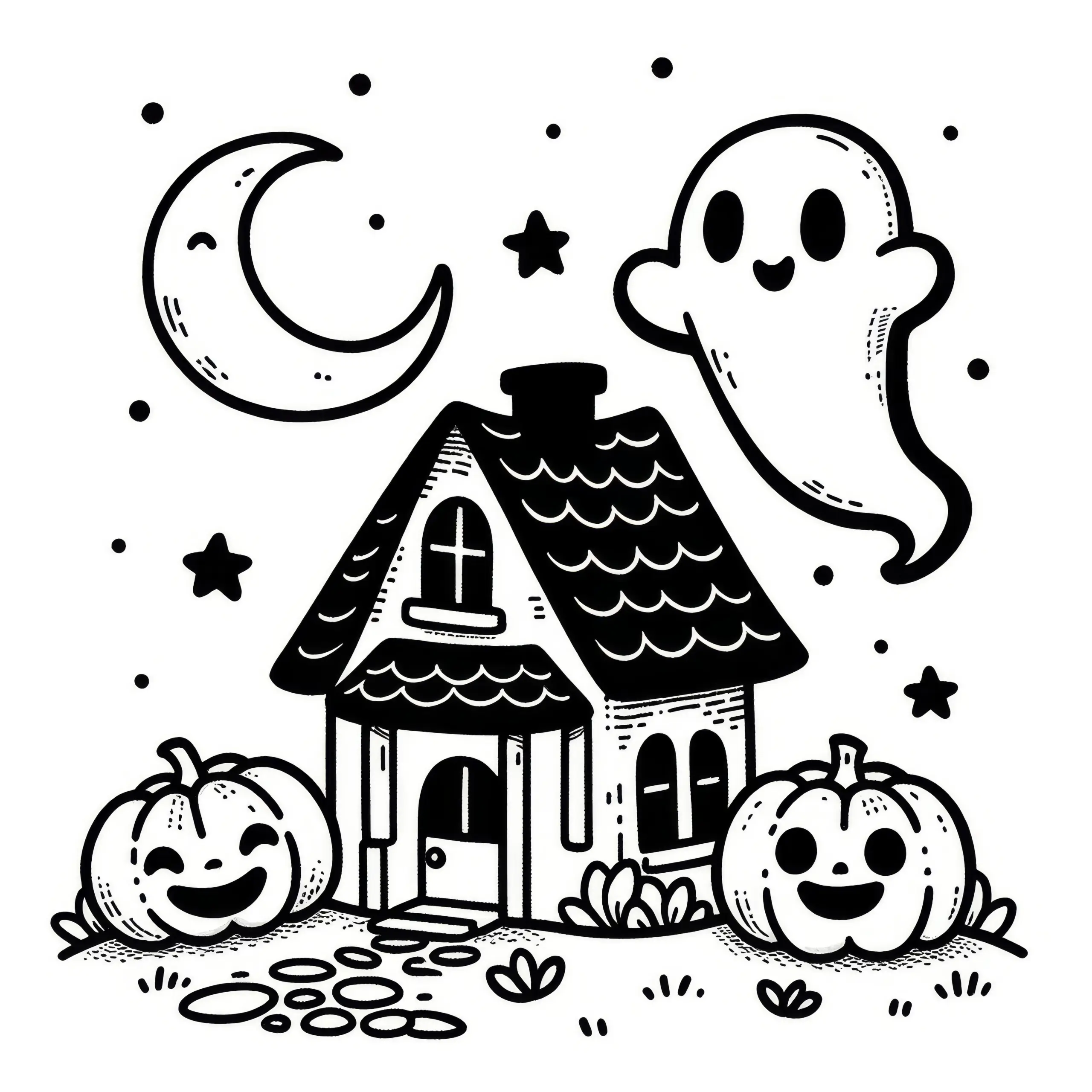 Kleines Geisterhaus mit Mond und Gespenst: Einfaches Halloween Ausmalbild (Gratis)