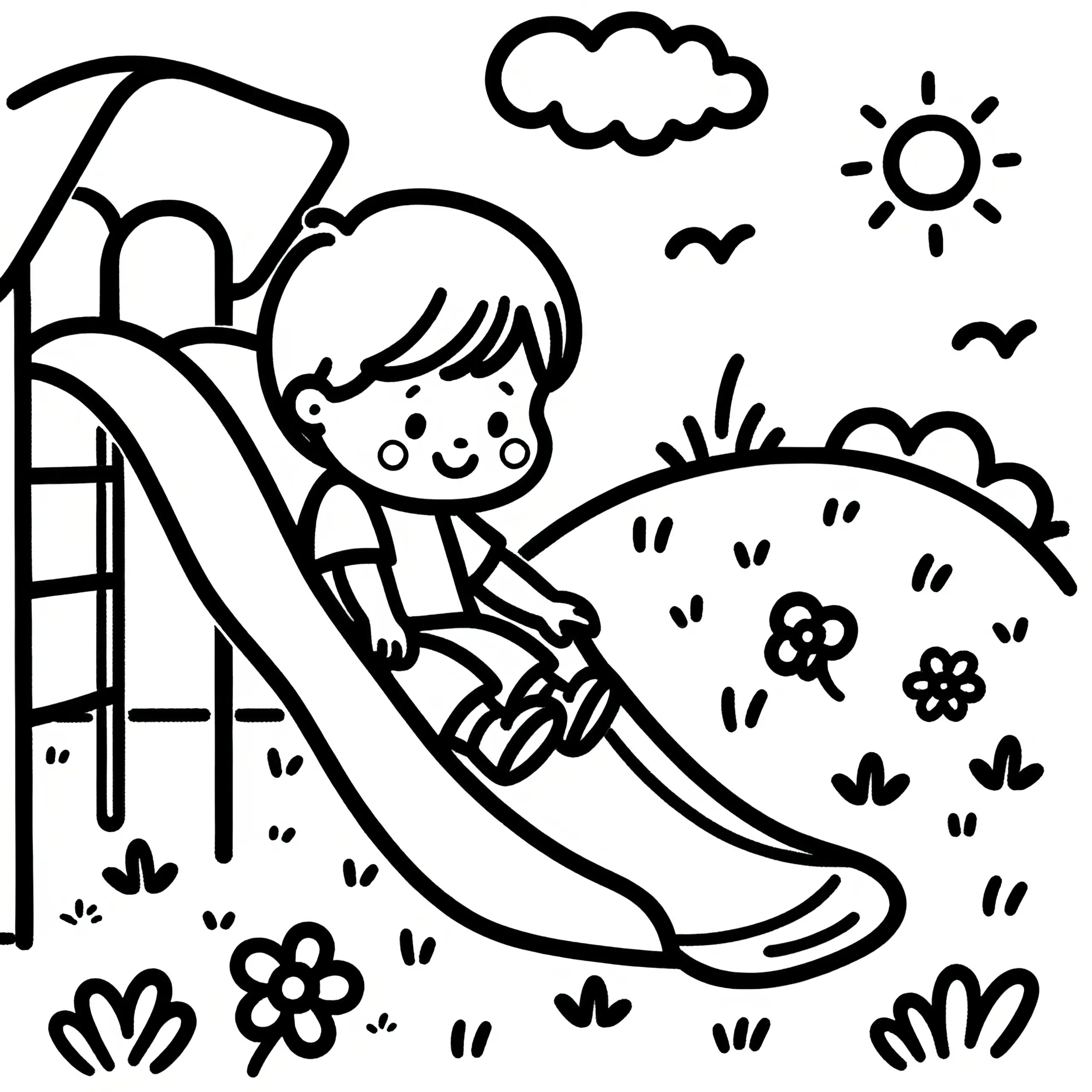 Kleines Kind auf Rutsche: Einfache Malvorlage für Kinder (Kostenlos) (Ausmalbild)